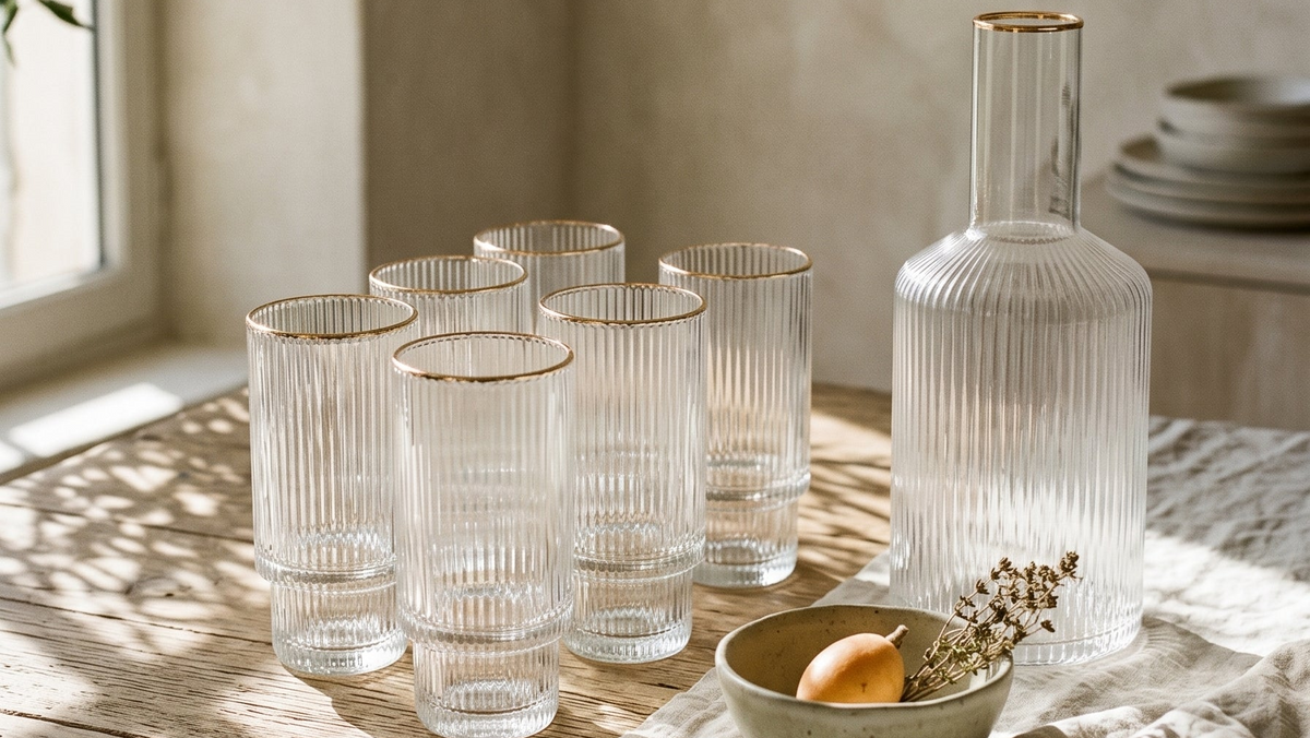 Verre à thé et carafe en verre soufflé, lumière rasante — Maison Azuria