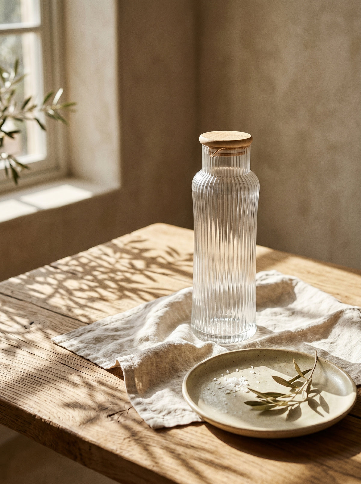 Carafe en verre avec bec, Liseré doré, en situation, lumière naturelle – Maison Azuria