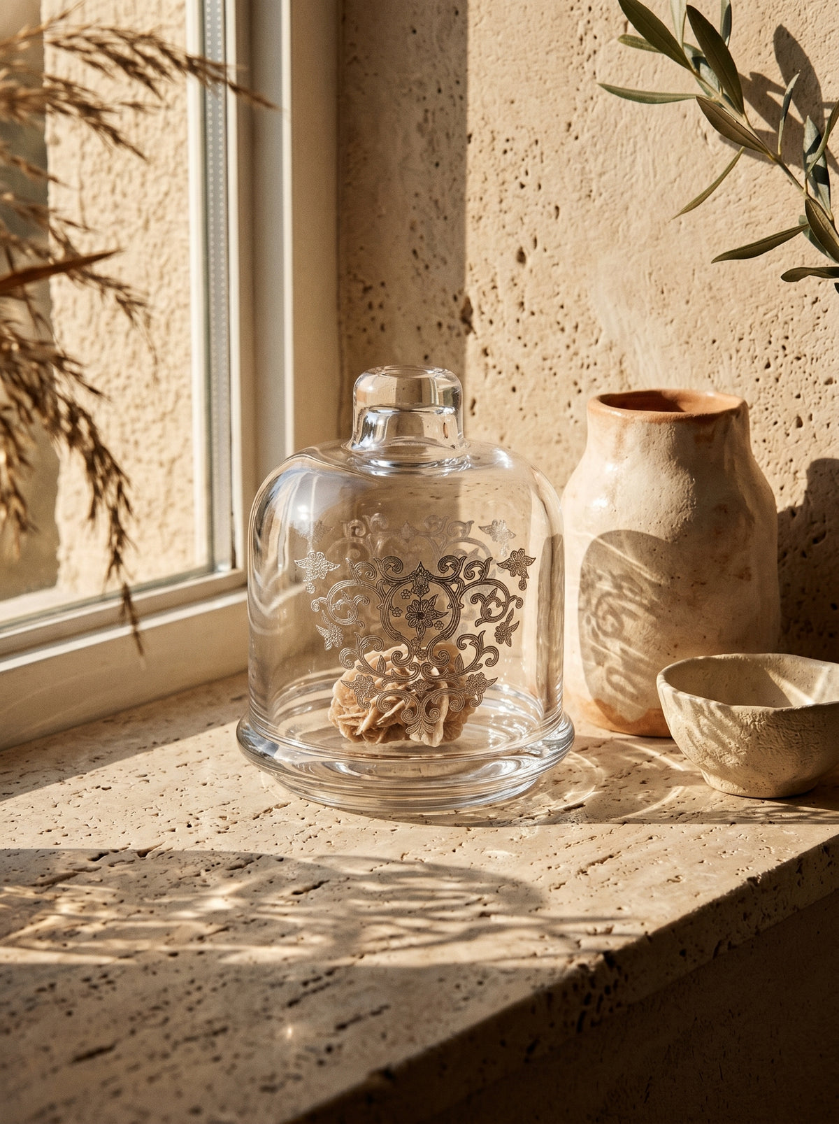 Cloche en verre orientale argenté, mise en scène sur une table dressée – Maison Azuria
