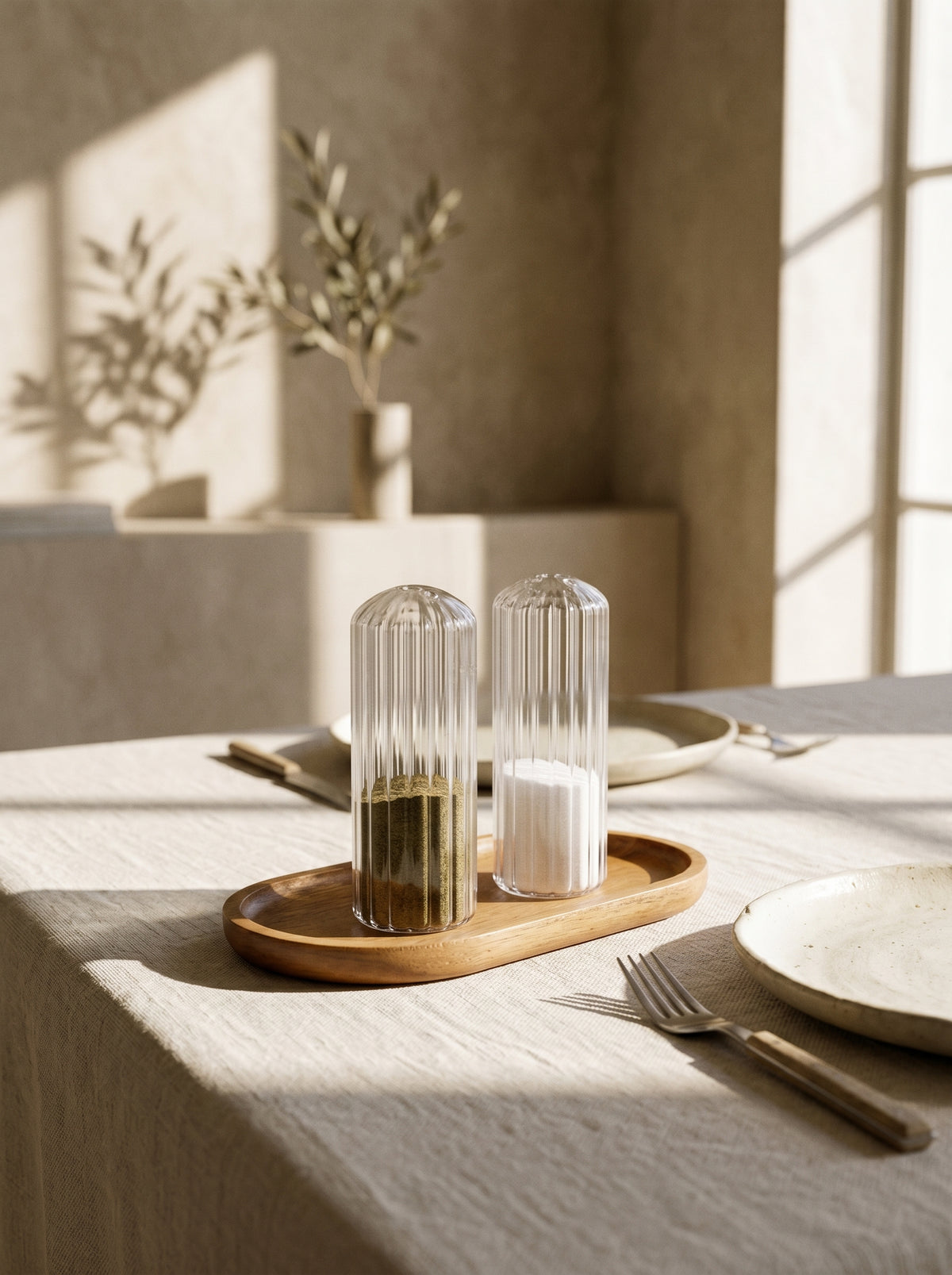 Ensemble Salière et Poivrière en verre, en situation, lumière naturelle – Maison Azuria