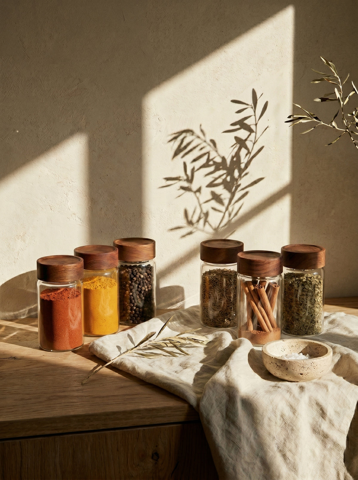 Lot de 6 pots à épices en bois d’acacia, 12 cm, mise en scène sur une table dressée – Maison Azuria