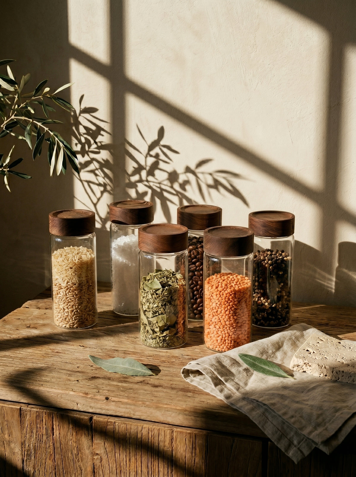 Lot de 6 pots à épices en bois d’acacia, 15 cm, mise en scène sur une table dressée – Maison Azuria