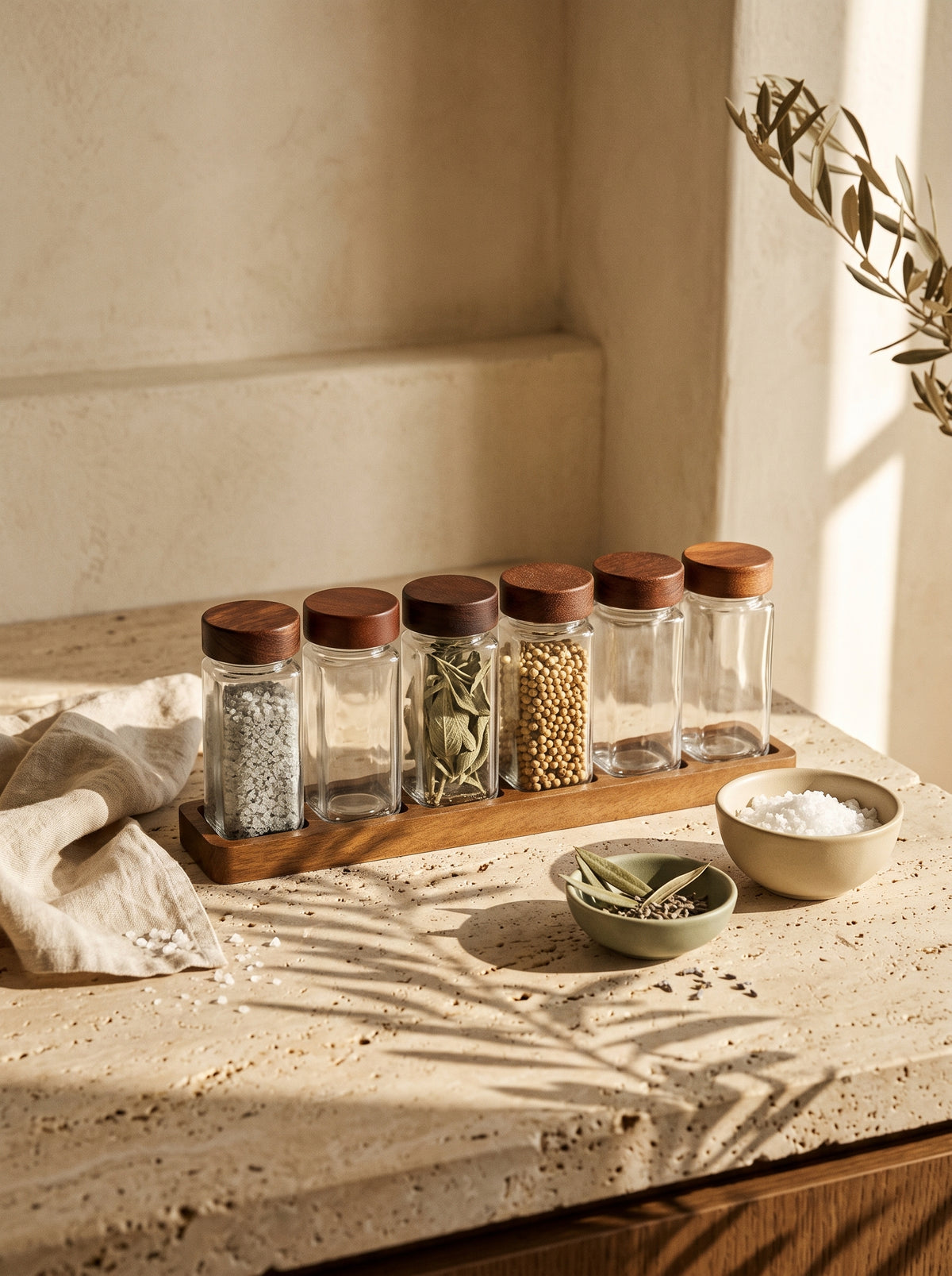 Lot de 6 pots à épices en bois d’acacia, 10,5 cm, mise en scène sur une table dressée – Maison Azuria