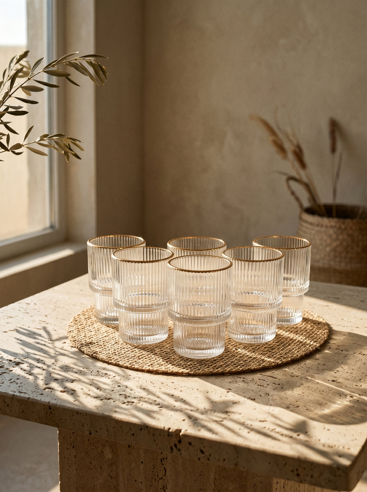 Lot de 6 petit Verres Lines, Liseré Doré, mise en scène sur une table dressée – Maison Azuria