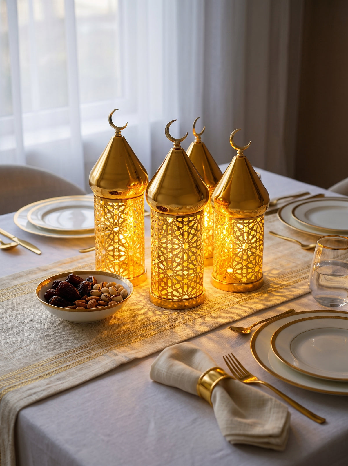 Petite Lanterne lumineuse LED, Doré, mise en scène sur une table dressée – Maison Azuria