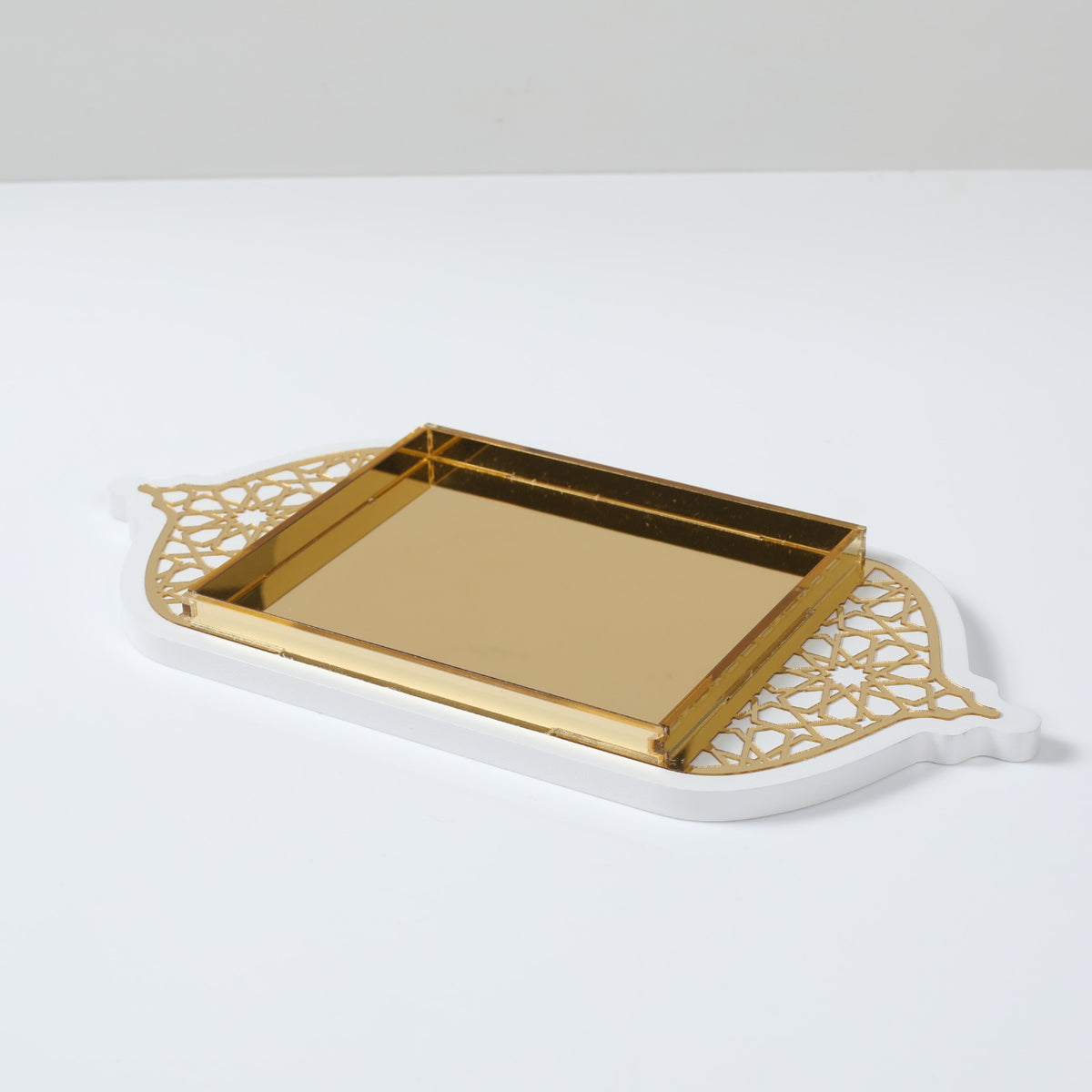 Plateau oriental en bois et acrylique petit, Blanc et doré, vue 2 – Maison Azuria
