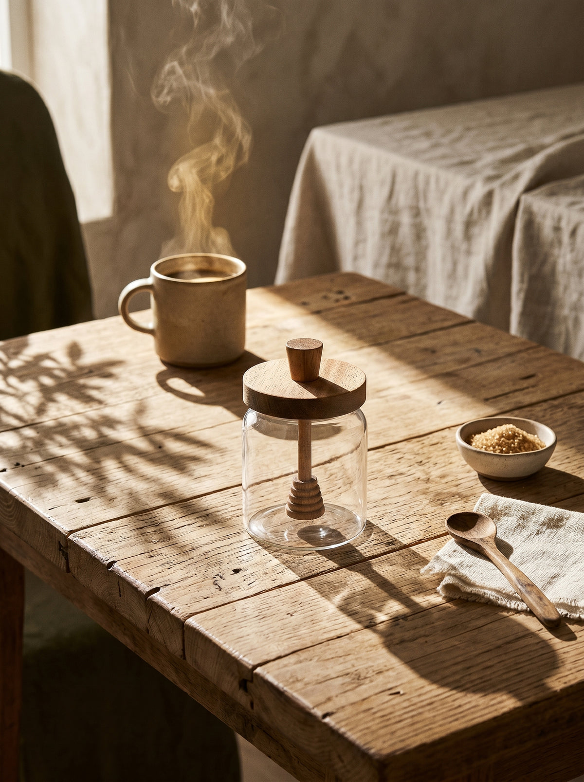Pot de miel bois d’acacia, Rangement alimentaire, ambiance art de la table – Maison Azuria