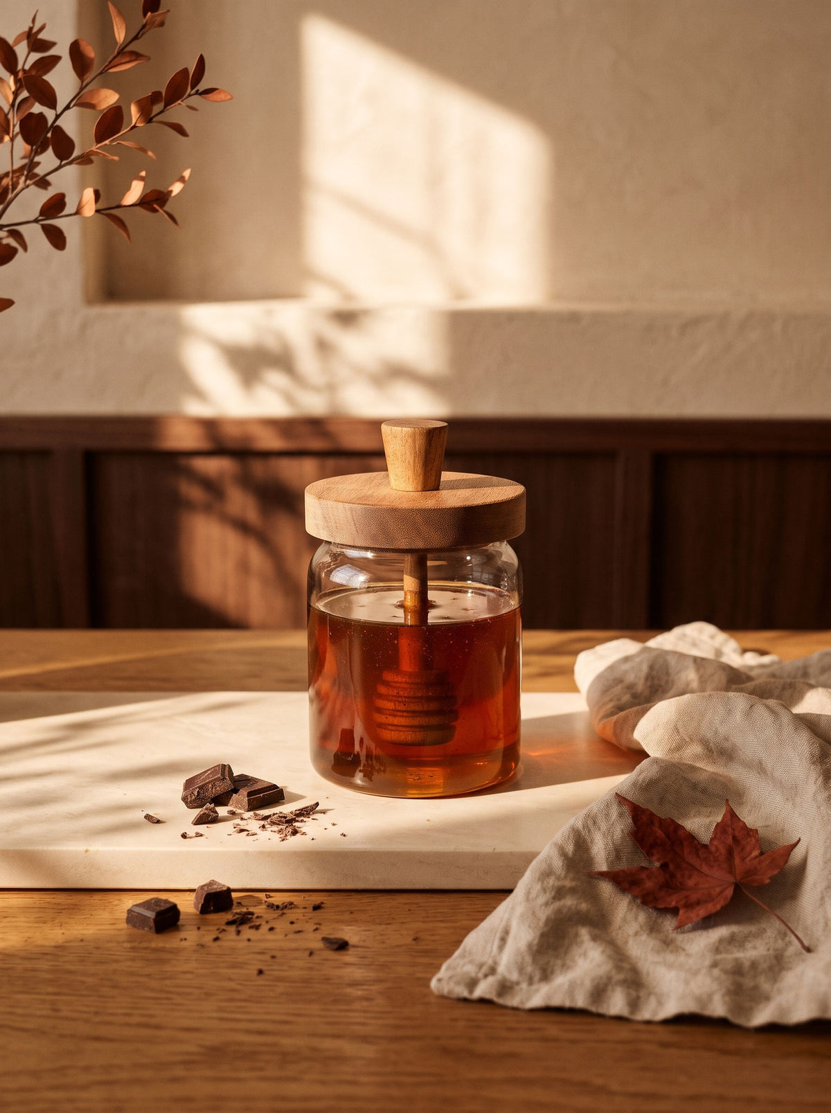 Pot de miel bois d’acacia, Rangement alimentaire, ambiance d'automne, lumière chaude – Maison Azuria