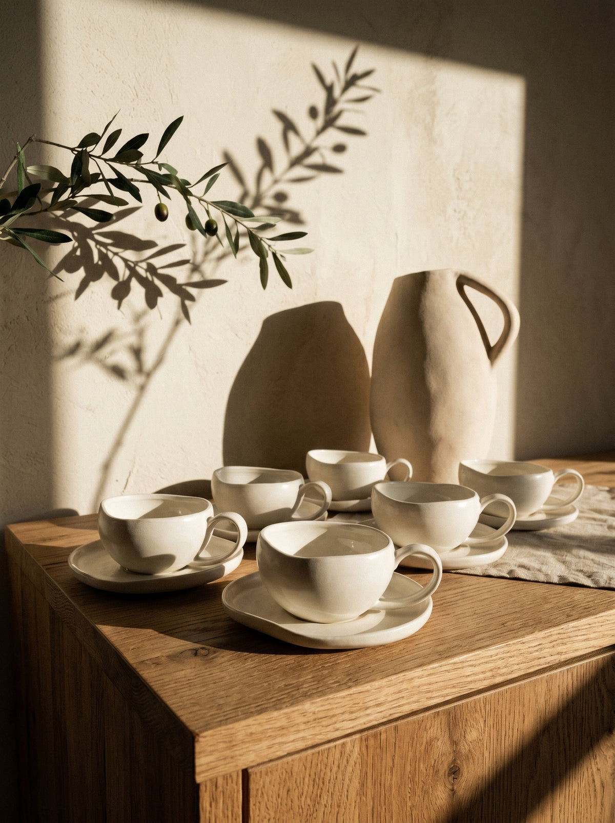 Service à café Capital, Tasses 120 ml, mise en scène sur une table dressée – Maison Azuria