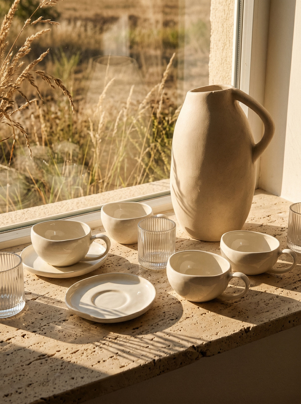 Service à café Capital, Tasses 200 ml, mise en scène sur une table dressée – Maison Azuria