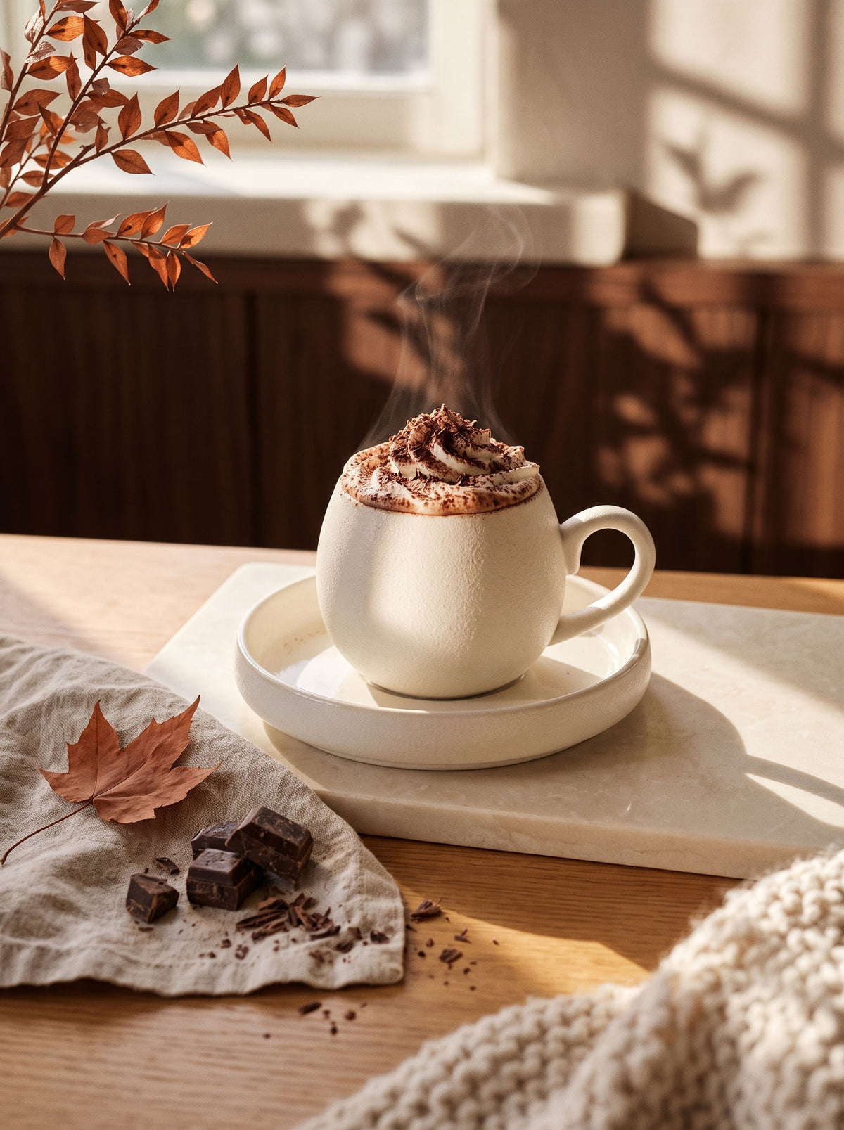 Service à café Chubby Nordic, Tasses 200 ml, ambiance d'automne, lumière chaude – Maison Azuria