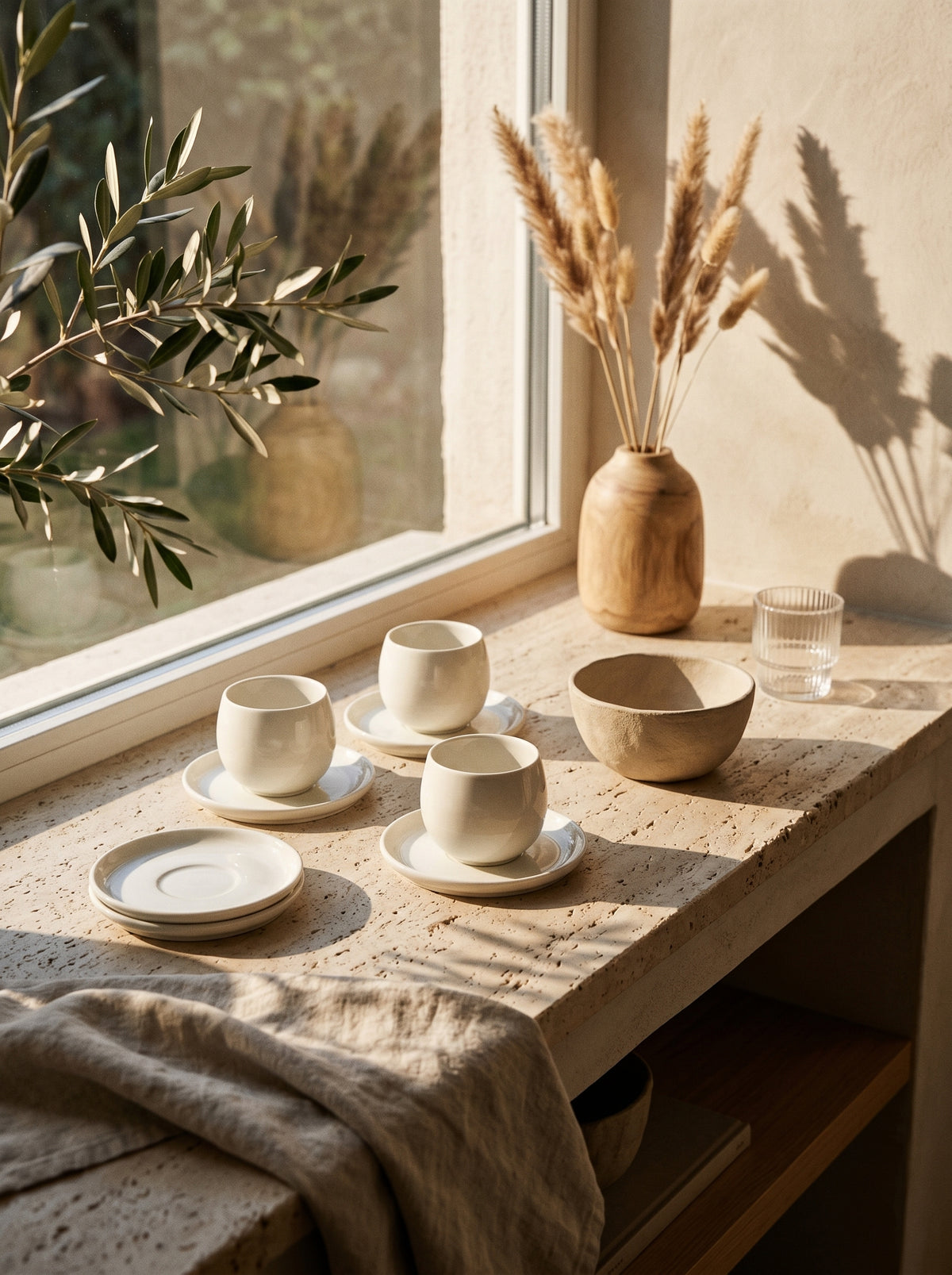 Service à café Egg, Tasses 200 ml, mise en scène sur une table dressée – Maison Azuria