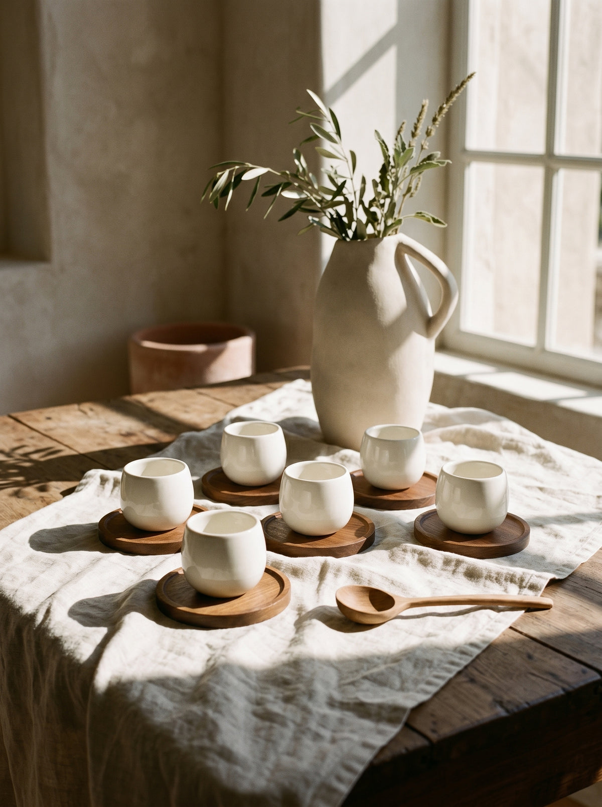 Service à café Egg Wood, Tasses 80 ml avec support bois, ambiance art de la table – Maison Azuria