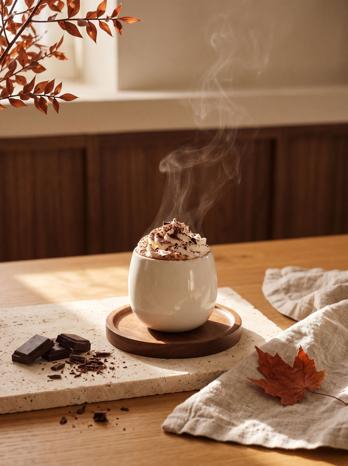 Service à café Egg Wood, Tasses 80 ml avec support bois, ambiance d'automne, lumière chaude – Maison Azuria