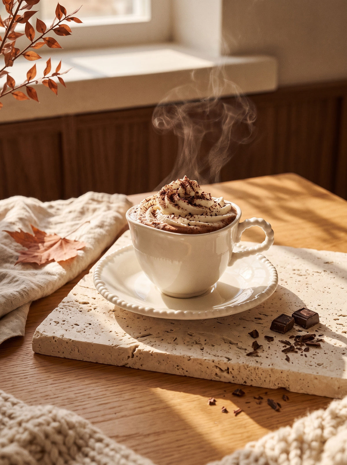 Service à café Pearl Coffee, Tasses 120 ml, ambiance d'automne, lumière chaude – Maison Azuria