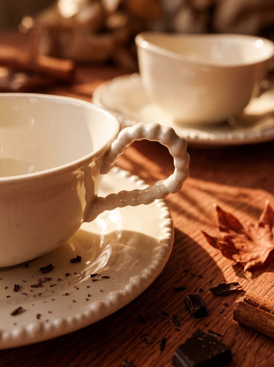 Service à café Pearl Coffee, Tasses 200 ml, ambiance d'automne, lumière chaude – Maison Azuria