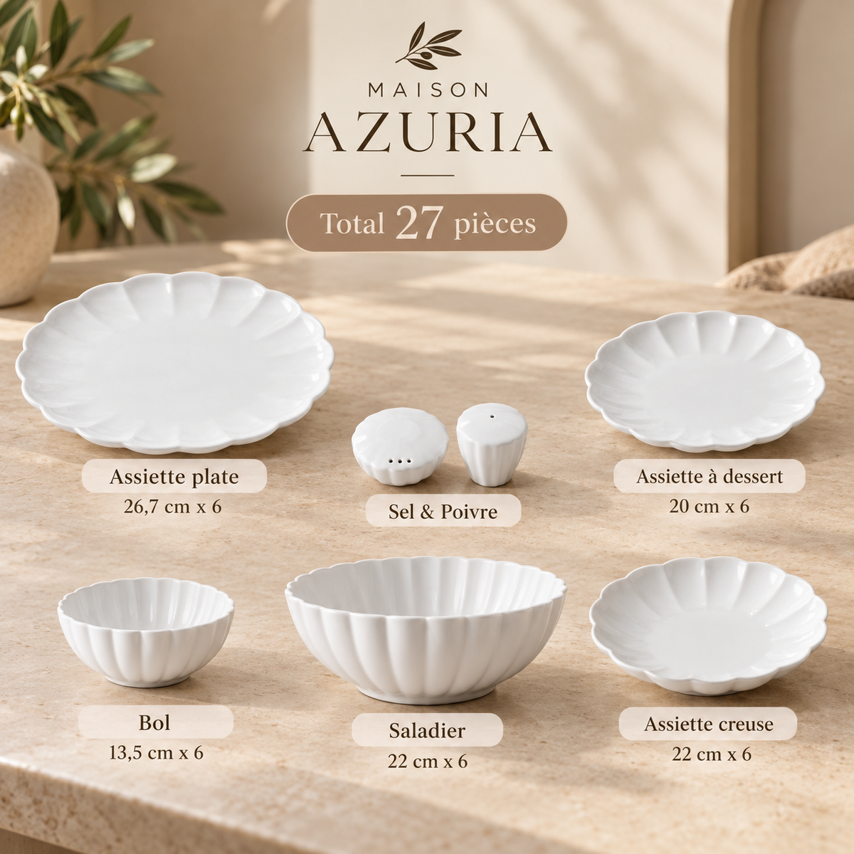Service de vaisselle Lotus Blanc, 27 Pièces – Maison Azuria