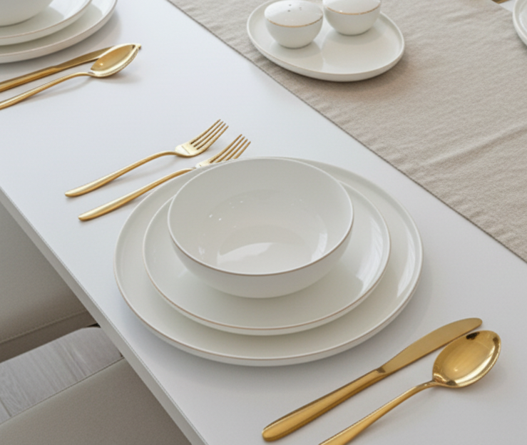 Service à vaisselle Anna 27 pièces en porcelaine liseré doré – Maison Azuria