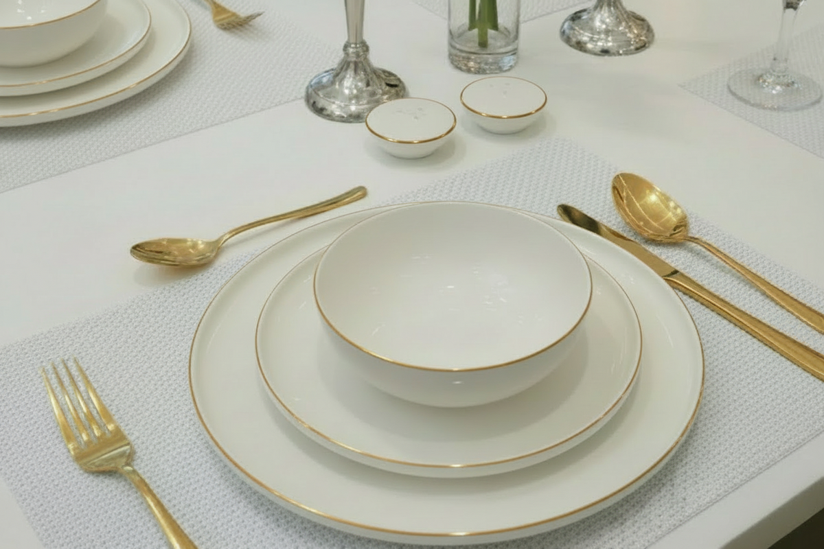 Service à vaisselle Anna 27 pièces en porcelaine liseré doré, vue 2 – Maison Azuria