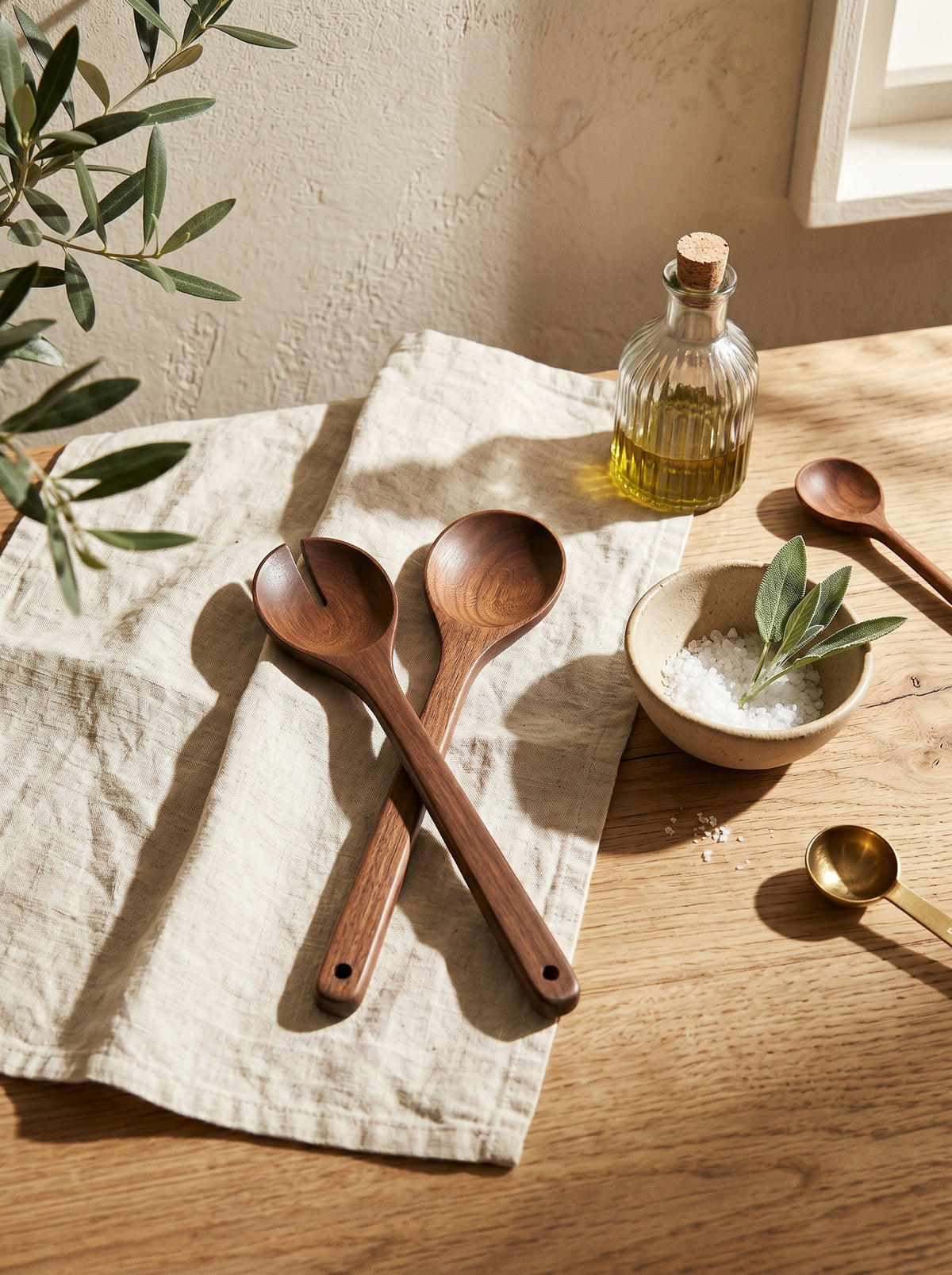 Set à Salade en Bois d’Acacia, mise en scène sur une table dressée – Maison Azuria
