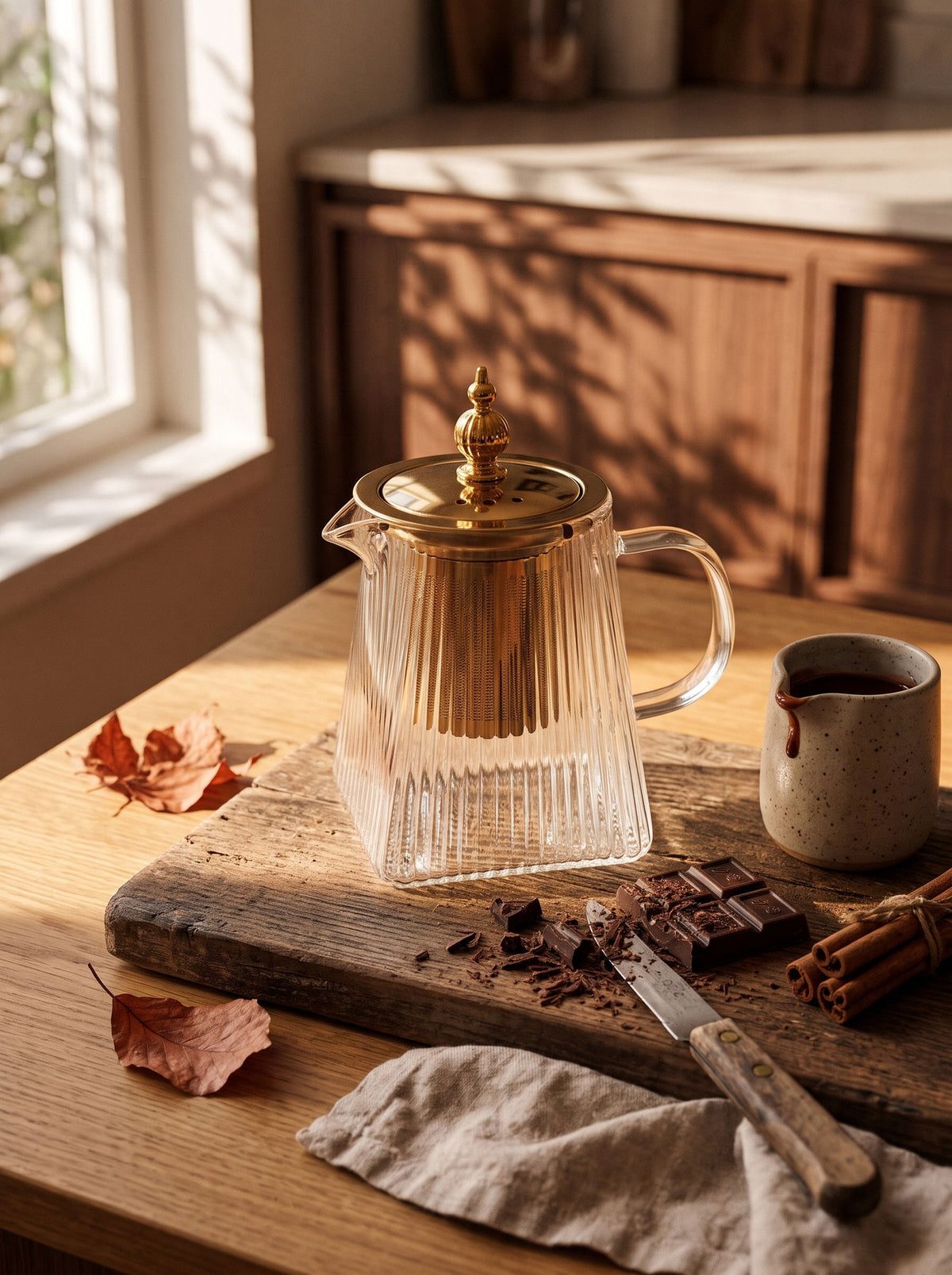 Théière dorée, 450 ml, ambiance d'automne, lumière chaude – Maison Azuria
