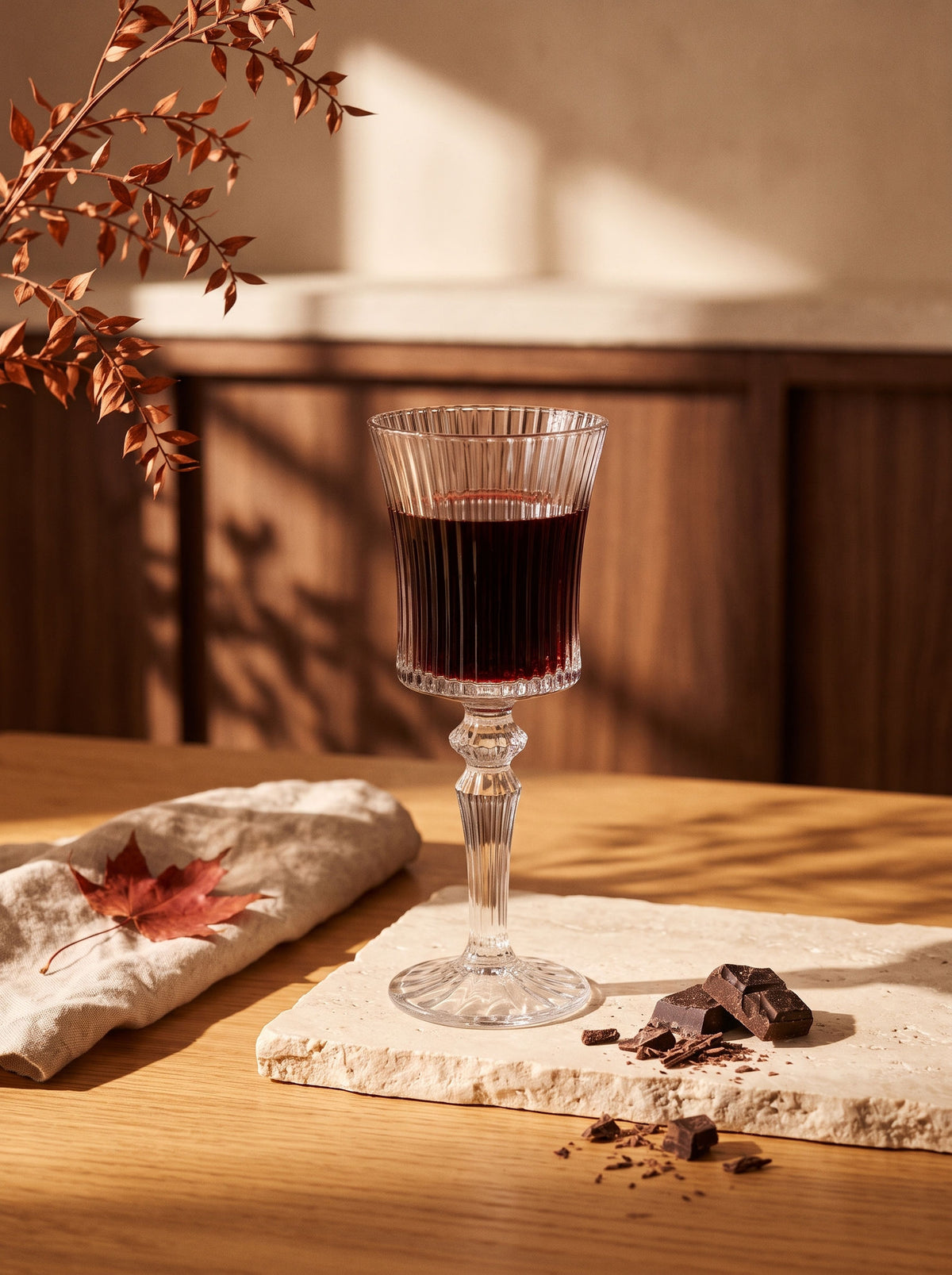 Lot de 6 Verres à pieds Lines élegance, ambiance d'automne, lumière chaude – Maison Azuria