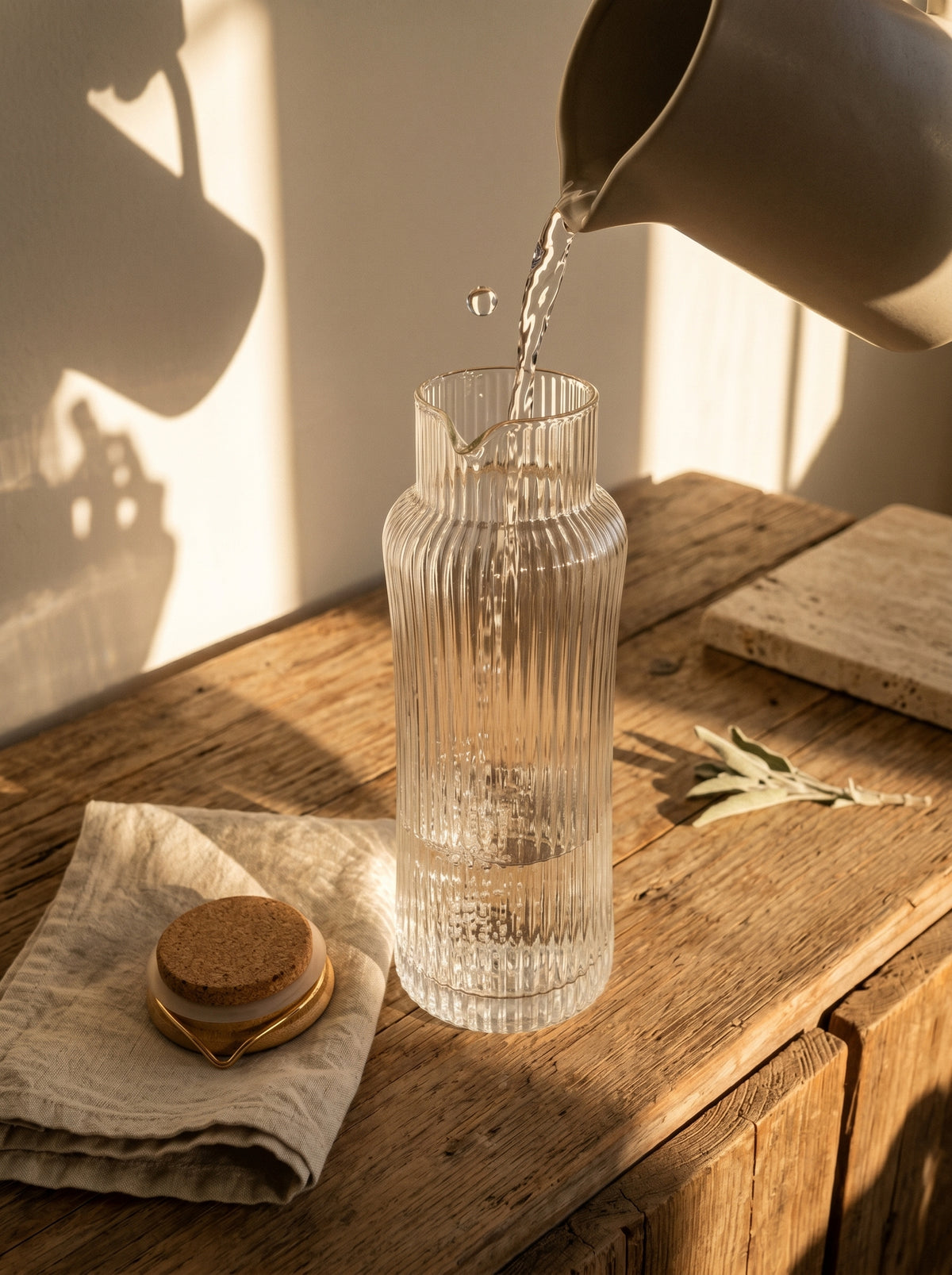 Carafe en verre avec bec, Liseré doré, dans un décor de table sobre – Maison Azuria