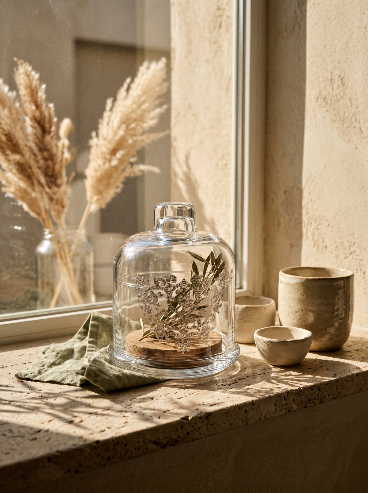Cloche en verre orientale argenté, en situation, lumière naturelle – Maison Azuria
