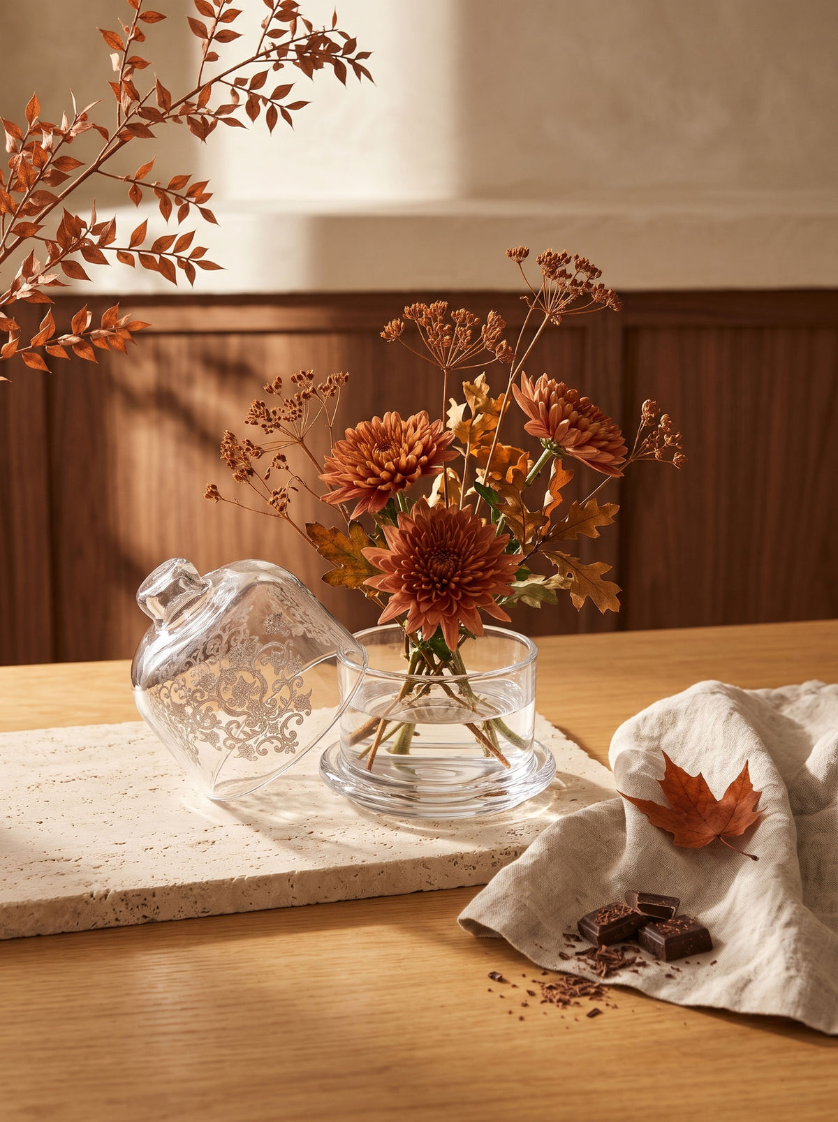 Cloche en verre orientale argenté, sur une table d'automne dressée – Maison Azuria