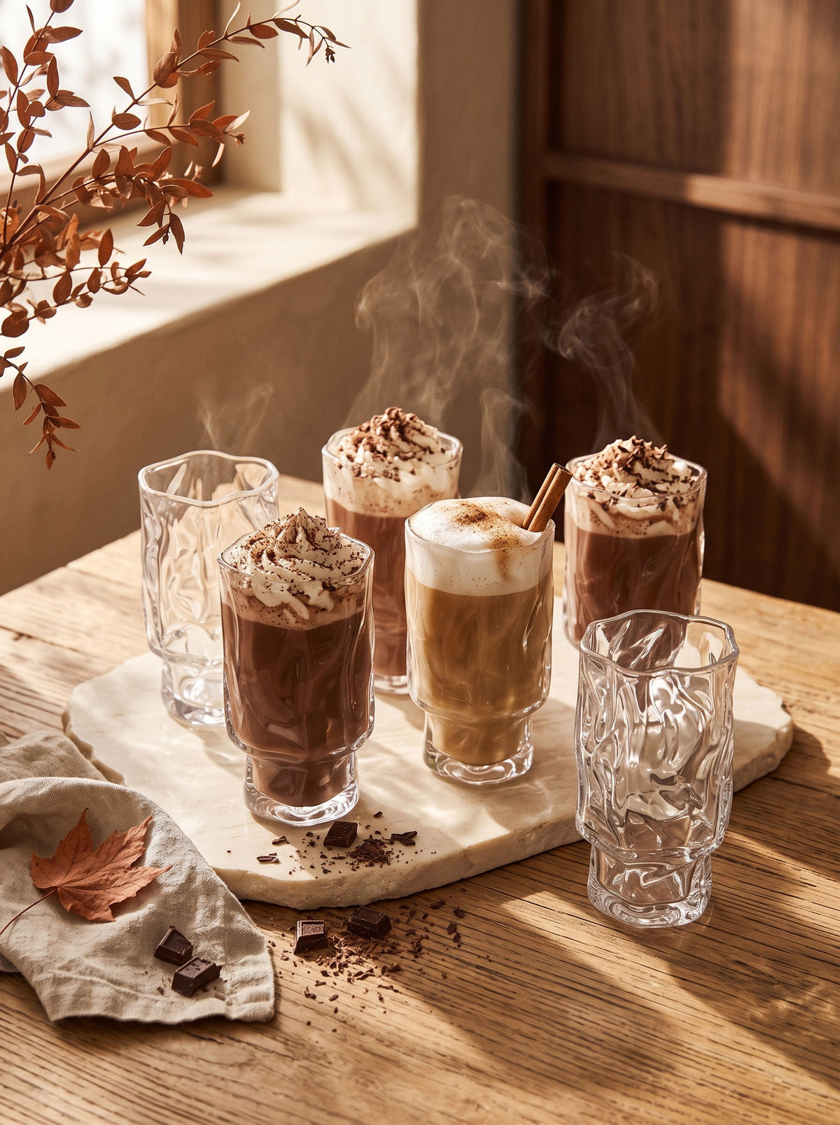 Lot de 6 Grands Verres Wave Nordic, ambiance d'automne, lumière chaude – Maison Azuria