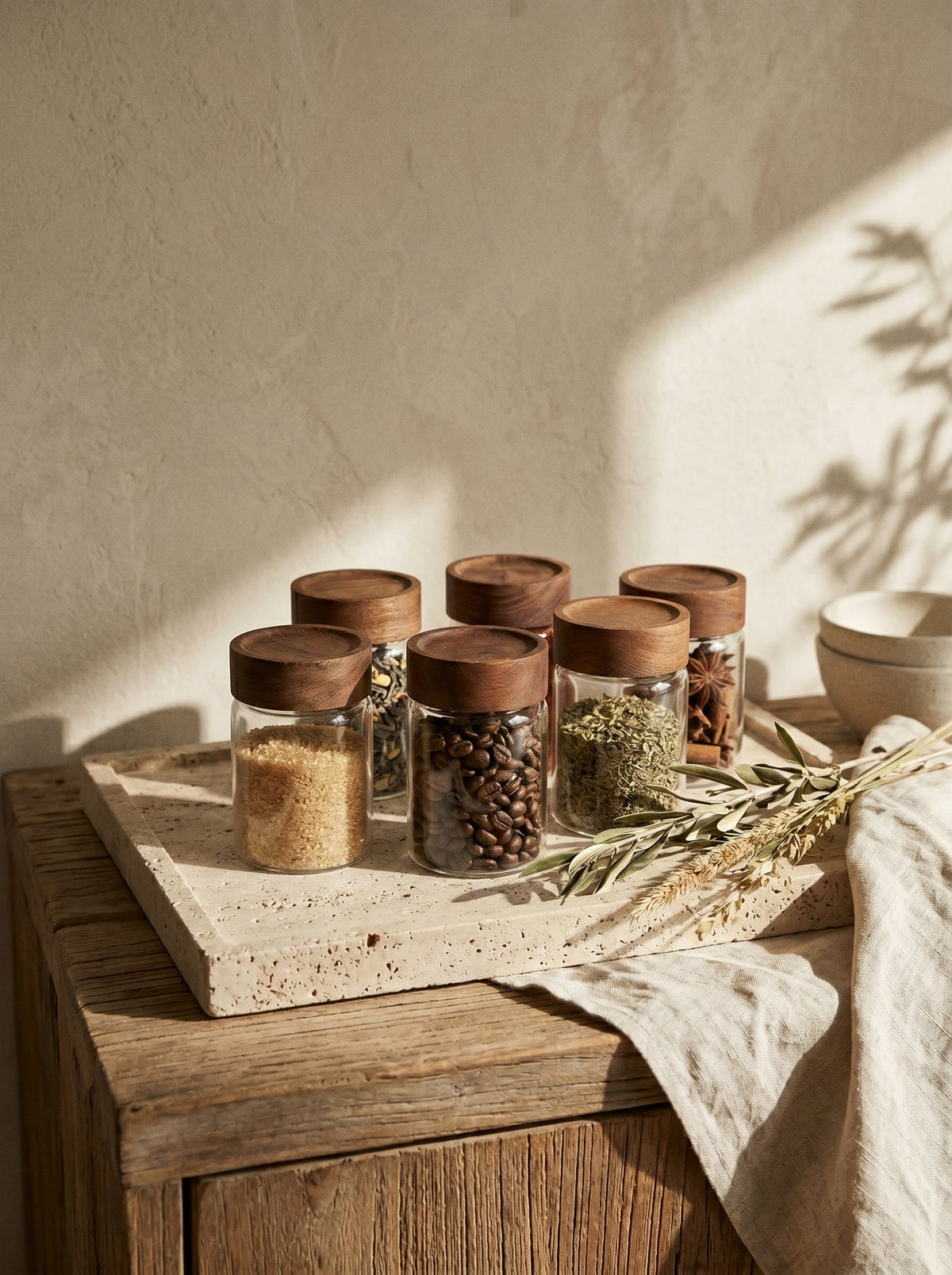 Lot de 6 pots à épices en bois d’acacia, 10 cm, mise en scène sur une table dressée – Maison Azuria
