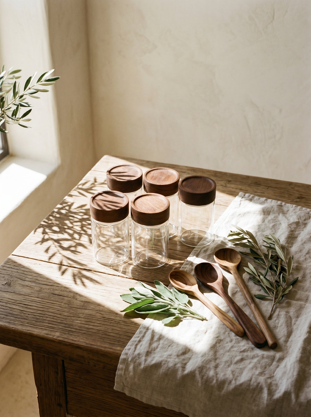 Lot de 6 pots à épices en bois d’acacia, 10 cm, dans un décor de table sobre – Maison Azuria