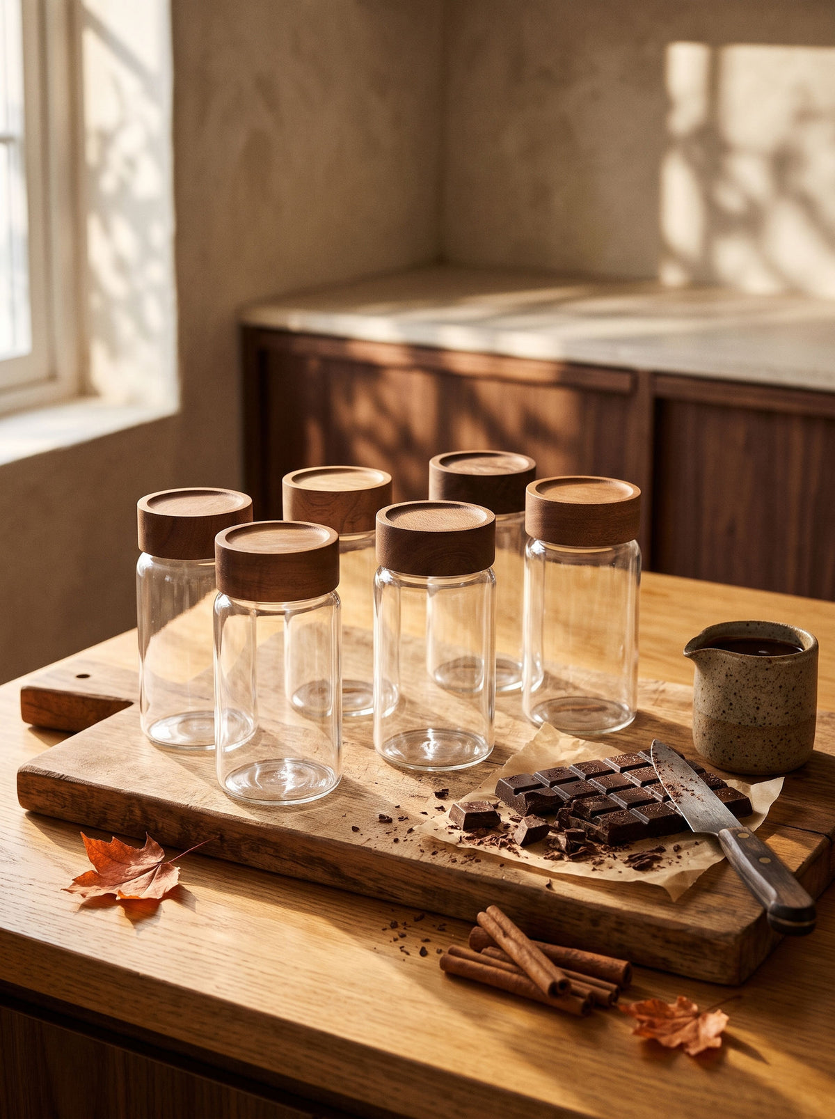Lot de 6 pots à épices en bois d’acacia, 12 cm, sur une table d'automne dressée – Maison Azuria [AH]