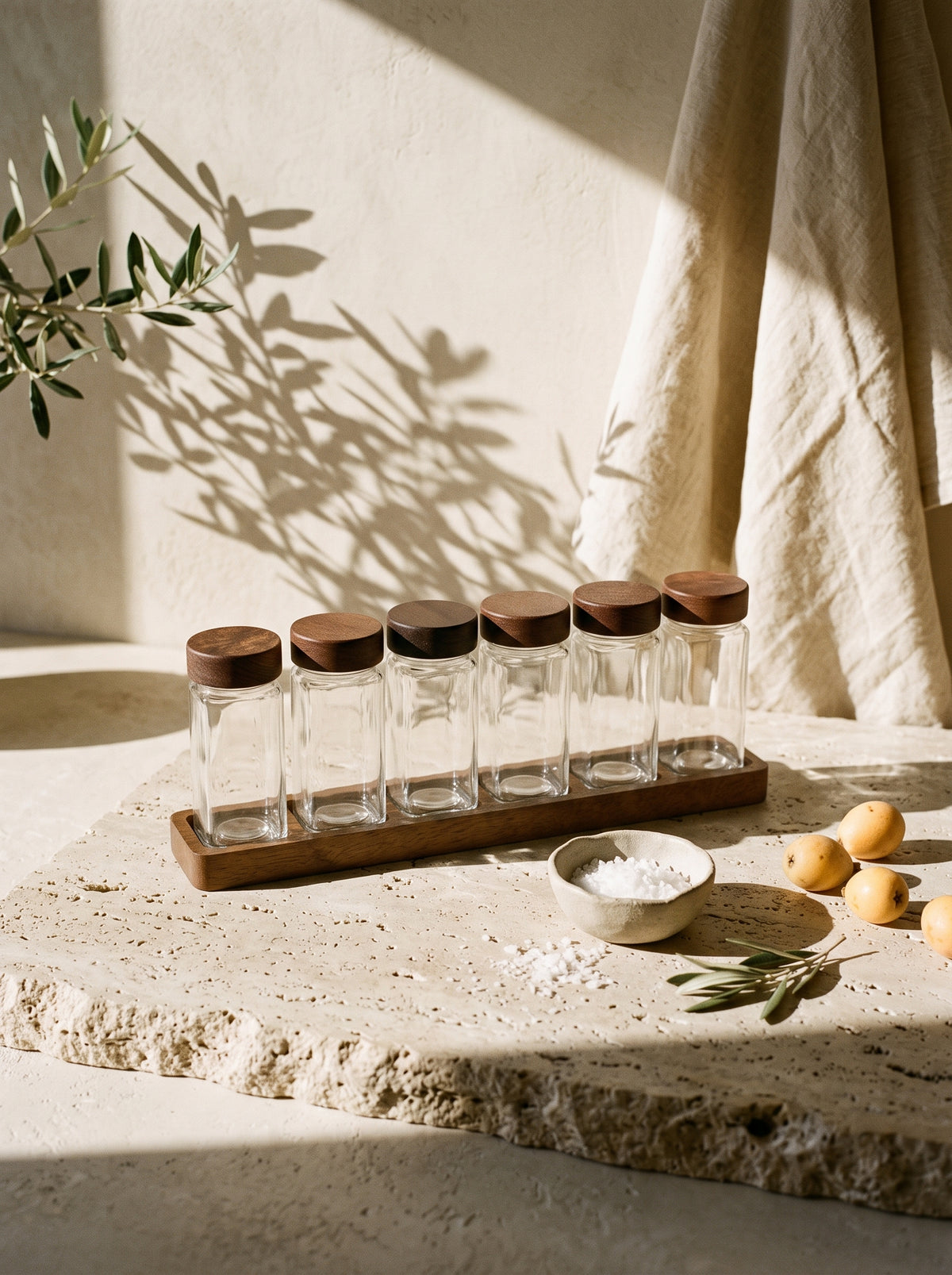 Lot de 6 pots à épices en bois d’acacia, 10,5 cm, en situation, lumière naturelle – Maison Azuria