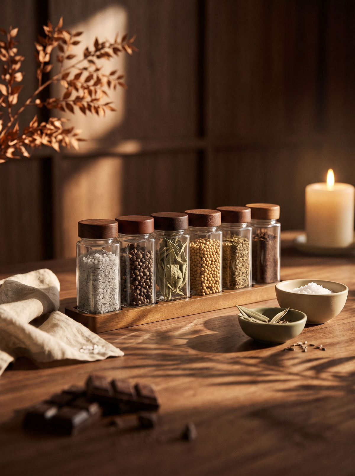 Lot de 6 pots à épices en bois d’acacia, 10,5 cm, sur une table d'automne dressée – Maison Azuria [AH]
