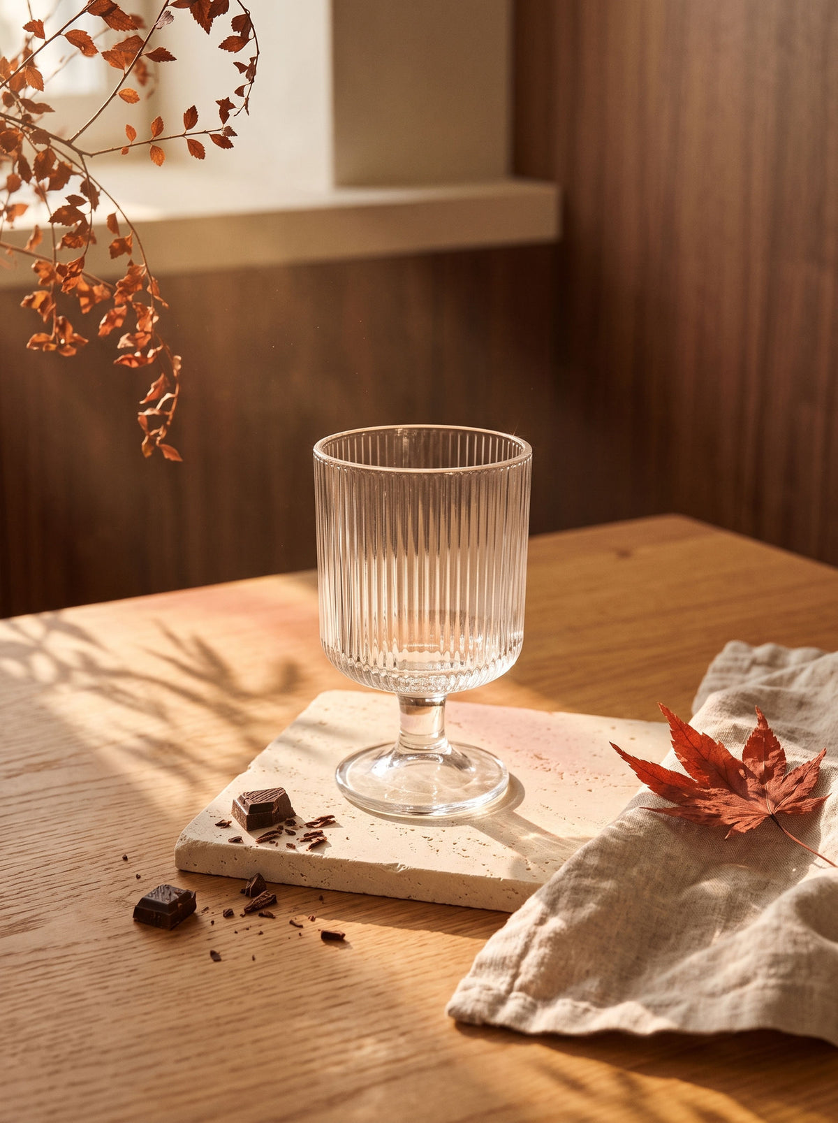Lot de 6 verres à pied striés Lines, sur une table d'automne dressée – Maison Azuria [AH]