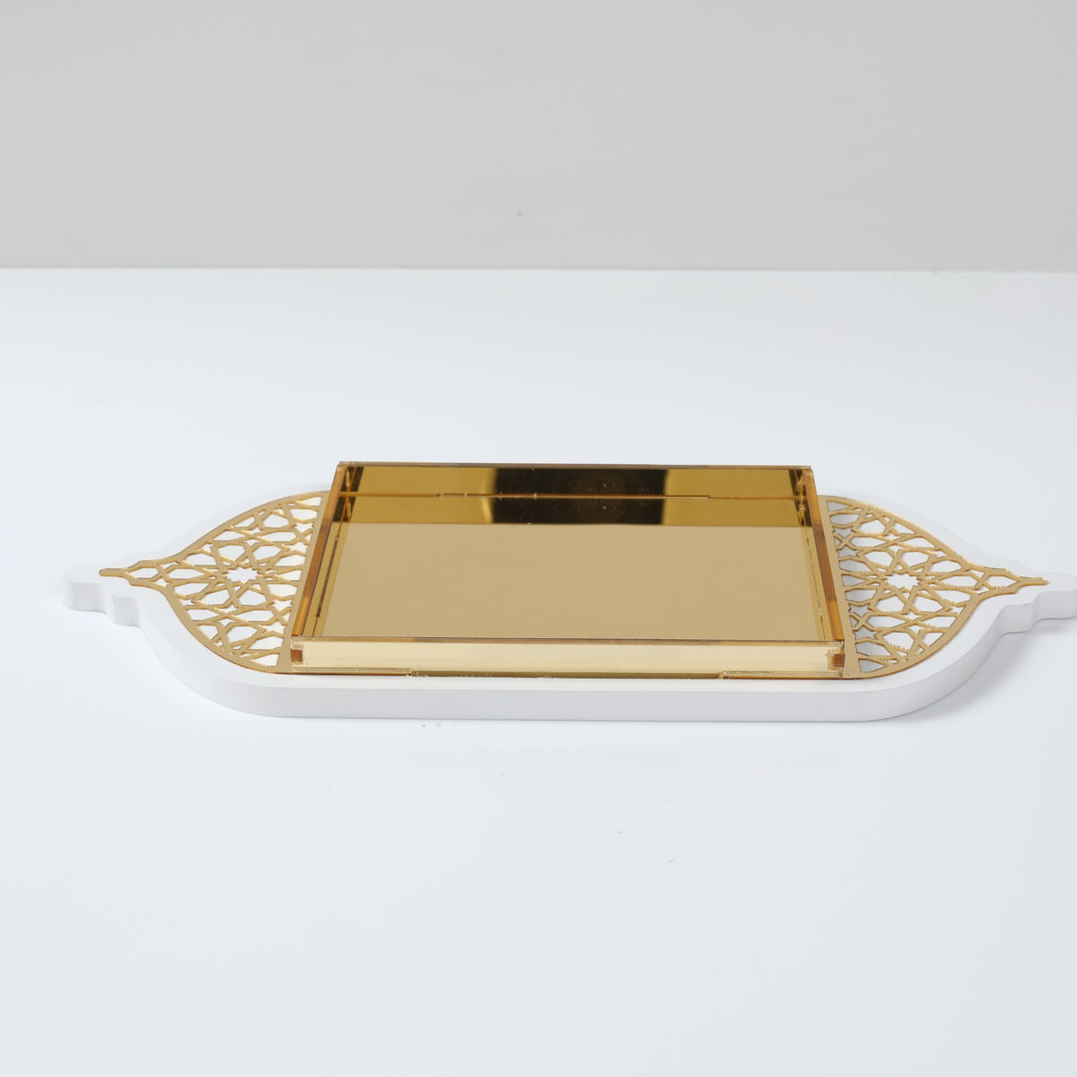 Plateau oriental en bois et acrylique petit, Blanc et doré, vue 4 – Maison Azuria