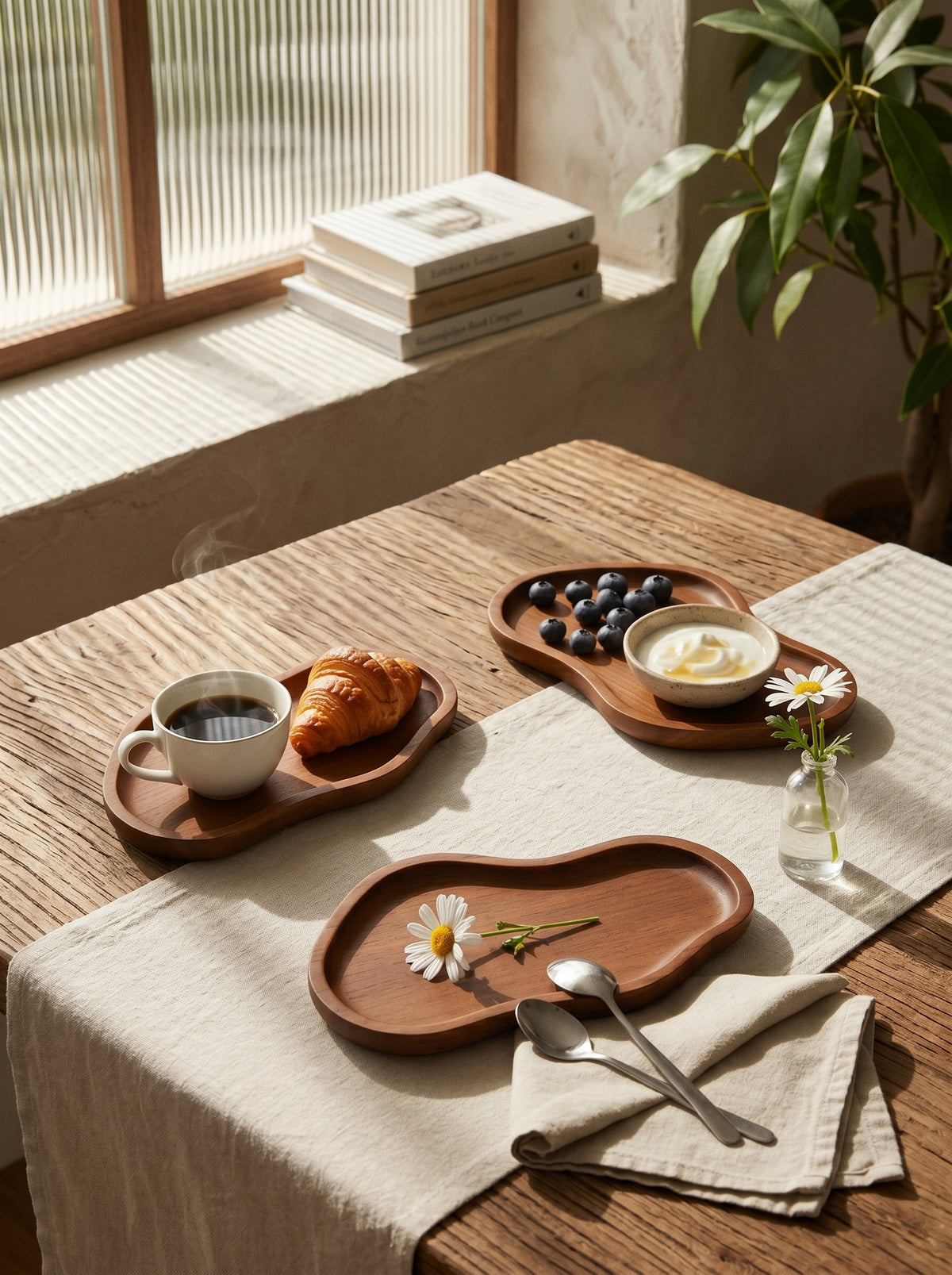 Lot de 3 plateaux en bois d’acacia, dans un décor de table sobre – Maison Azuria