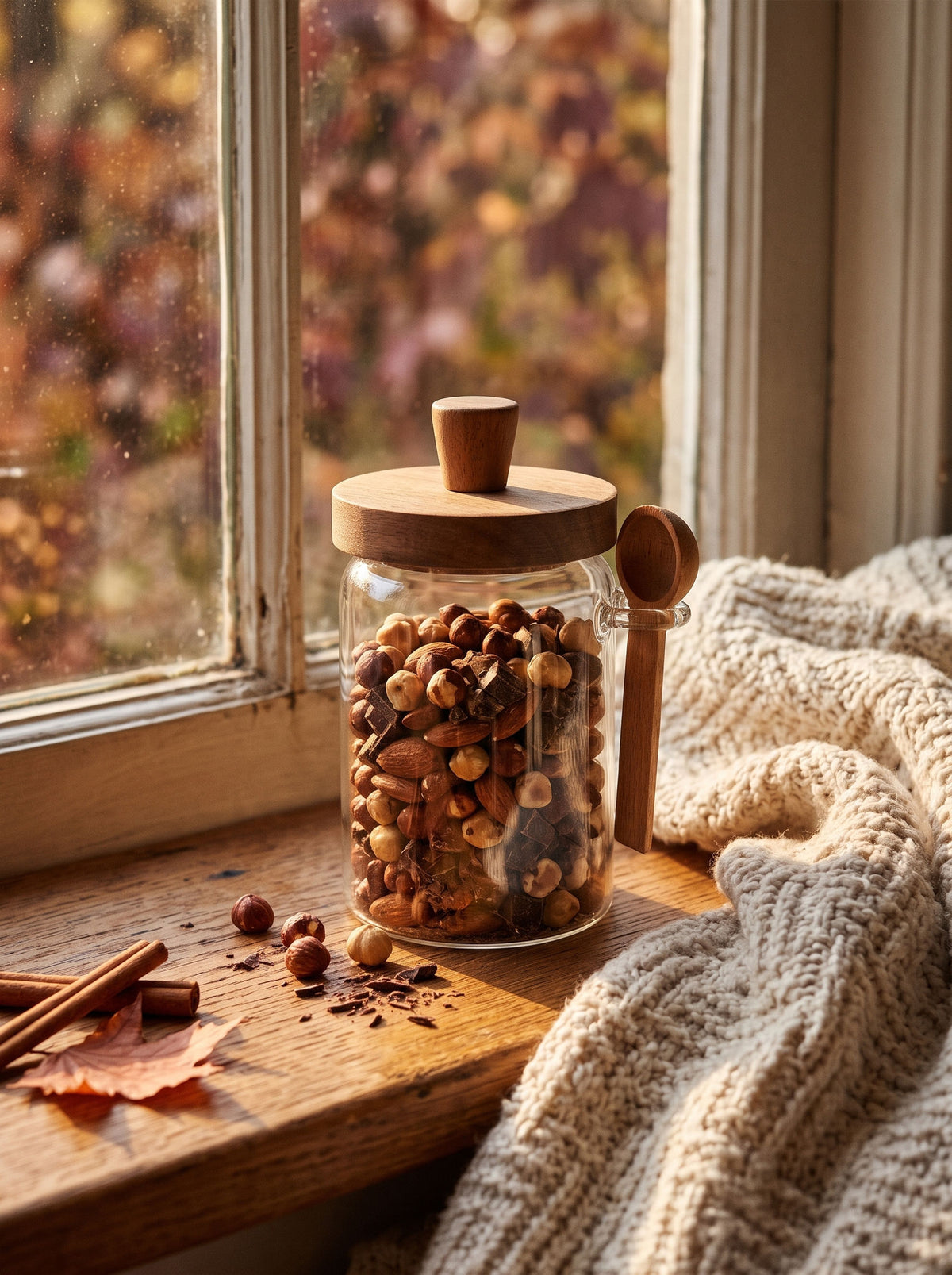 Pot de cuisine en bois d’acacia, Rangement alimentaire, ambiance d'automne, lumière chaude – Maison Azuria
