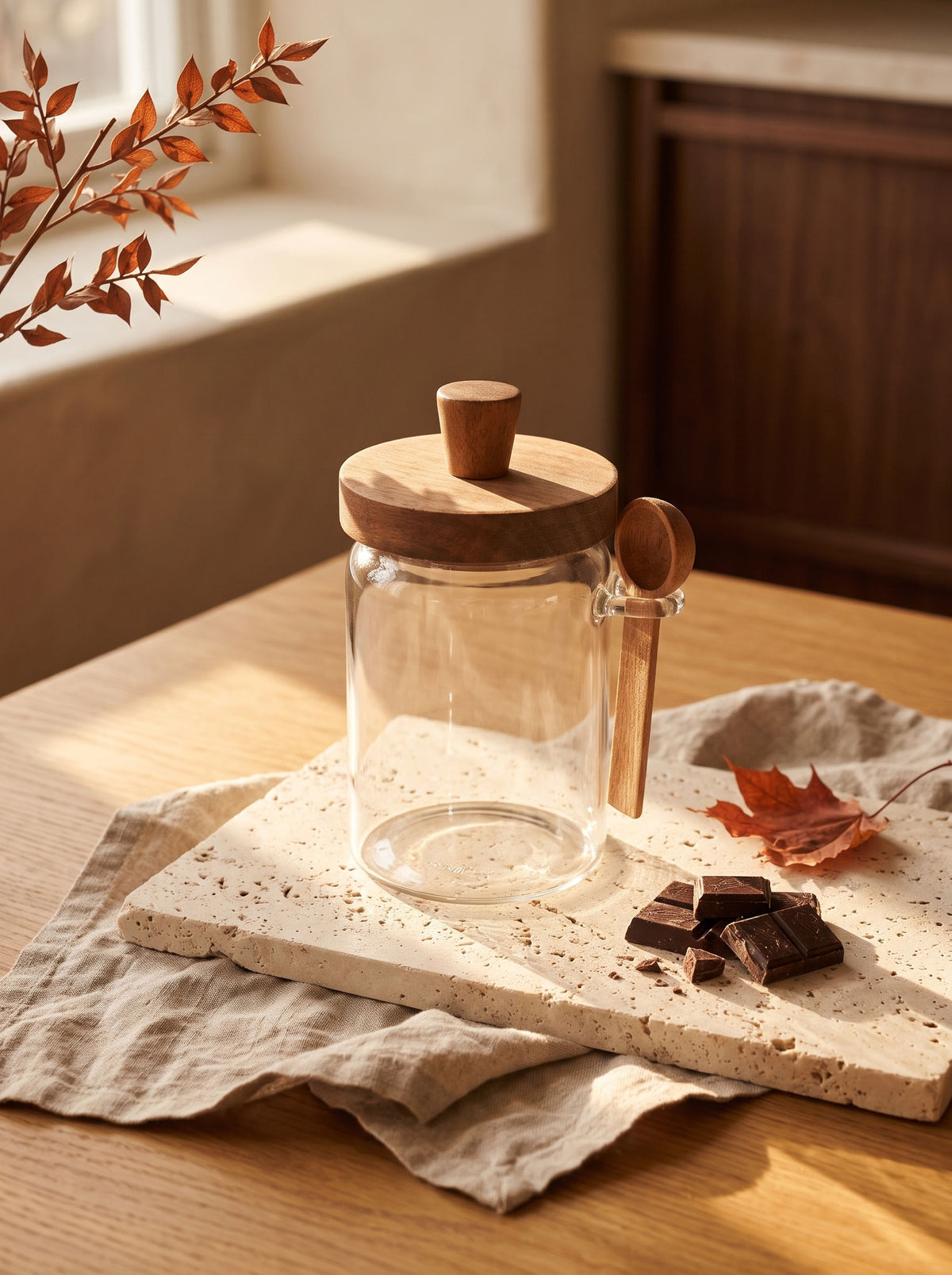 Pot de cuisine en bois d’acacia, Rangement alimentaire, sur une table d'automne dressée – Maison Azuria [AH]