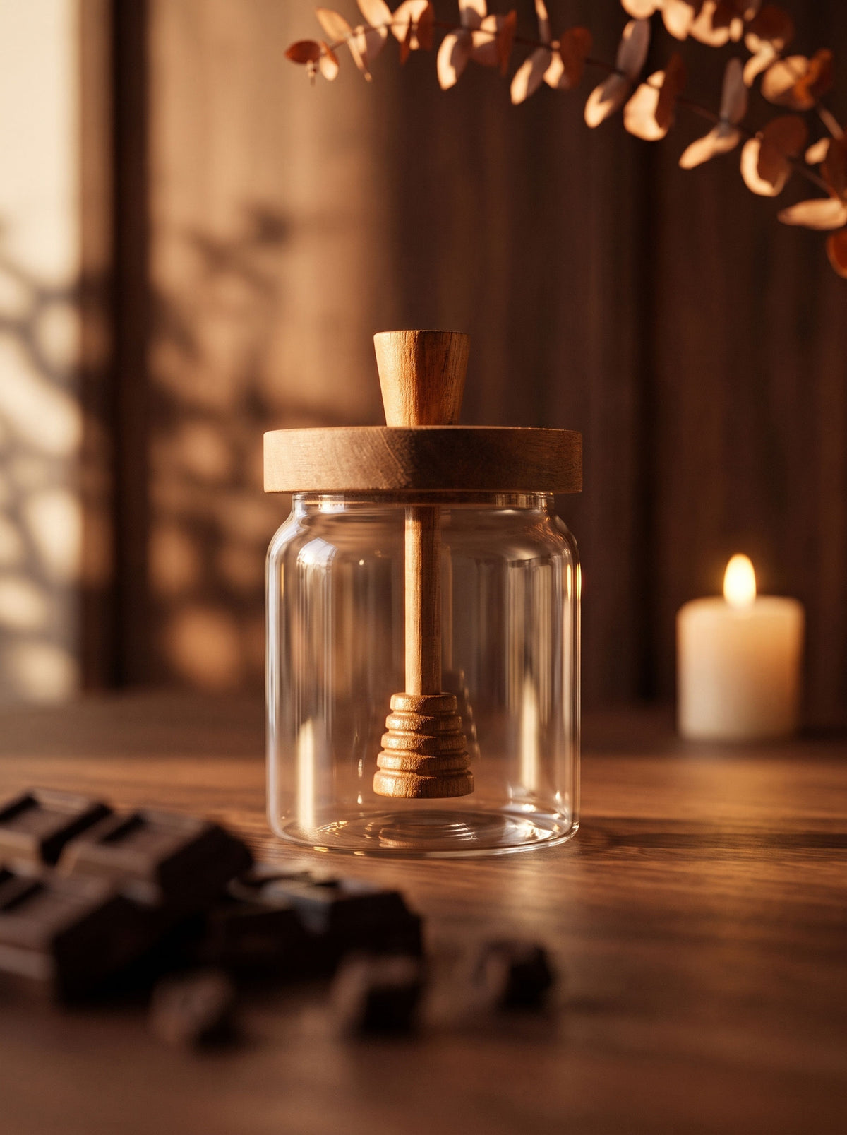 Pot de miel bois d’acacia, Rangement alimentaire, sur une table d'automne dressée – Maison Azuria [AH]