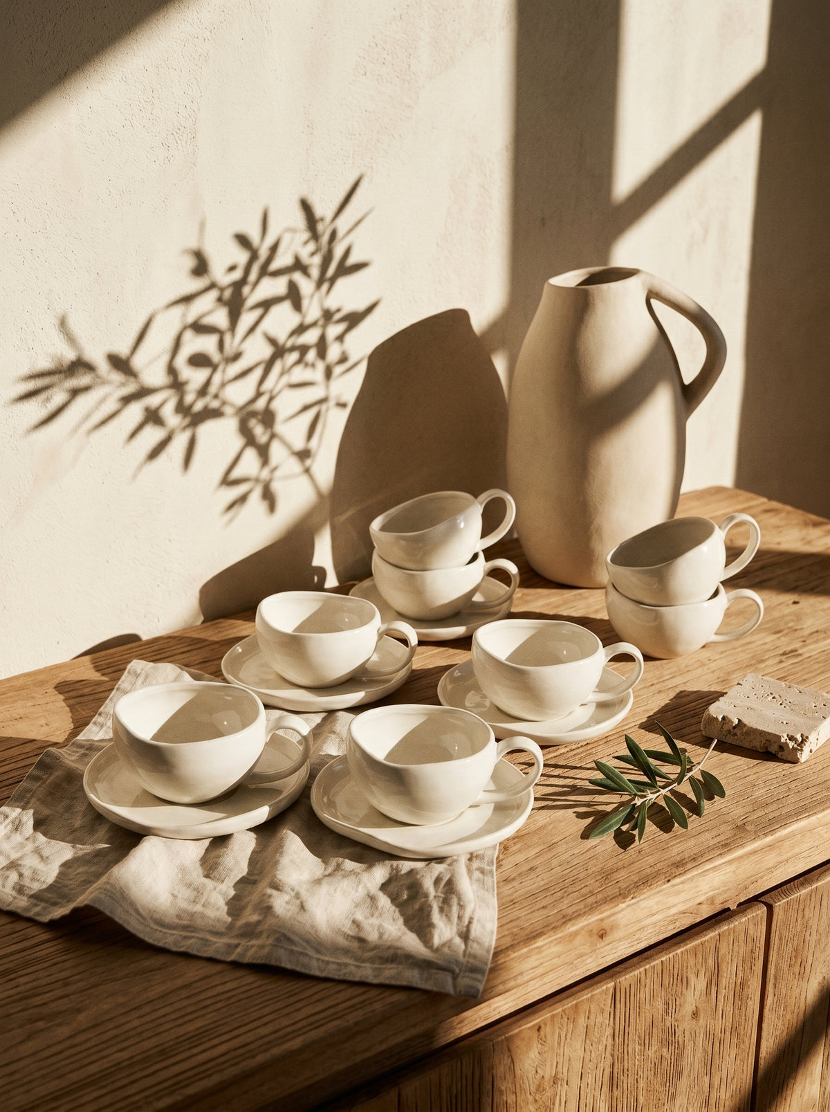 Service à café Capital, Tasses 120 ml, mise en scène sur une table dressée – Maison Azuria