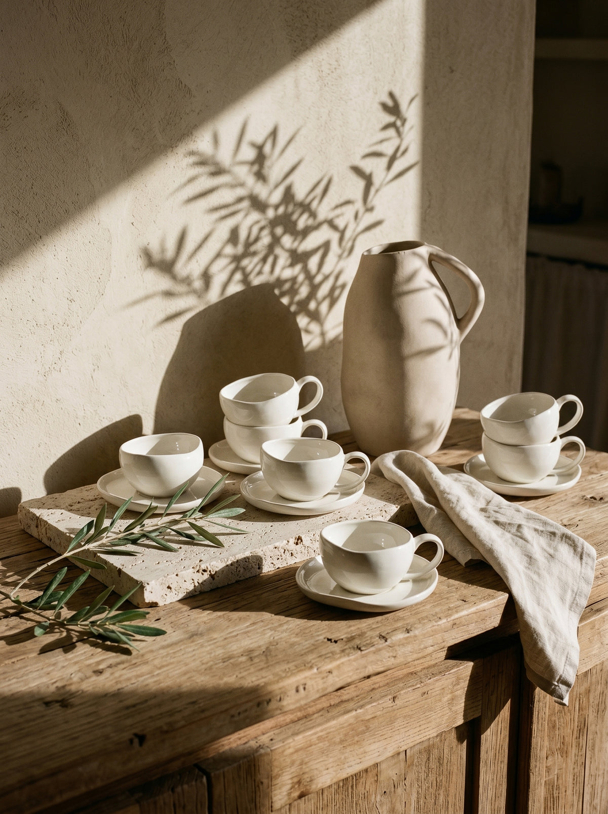 Service à café Capital, Tasses 200 ml, mise en scène sur une table dressée – Maison Azuria