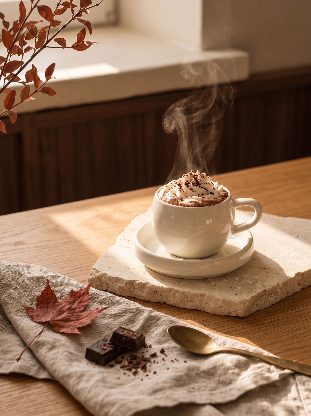 Service à café Chubby, Tasses 120 ml, ambiance d'automne, lumière chaude – Maison Azuria