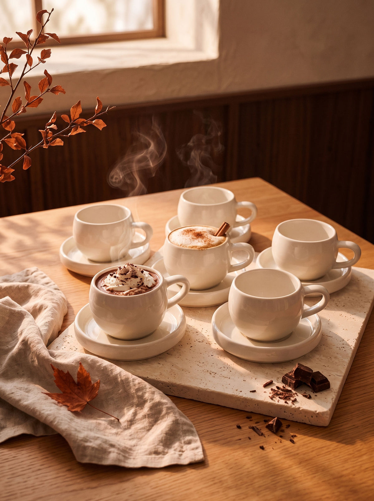 Service à café Chubby, Tasses 120 ml, sur une table d'automne dressée – Maison Azuria [AH]