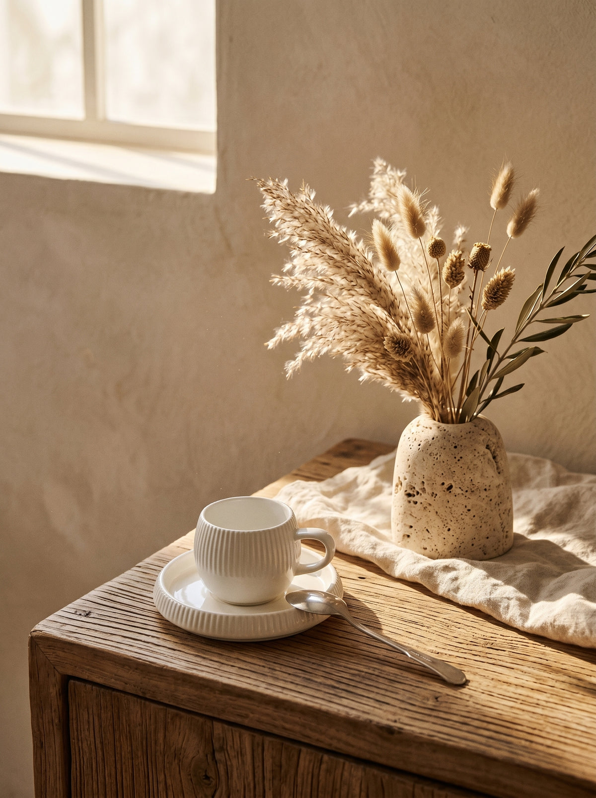 Service à café Chubby Lines, Tasses 120 ml, en situation, lumière naturelle – Maison Azuria