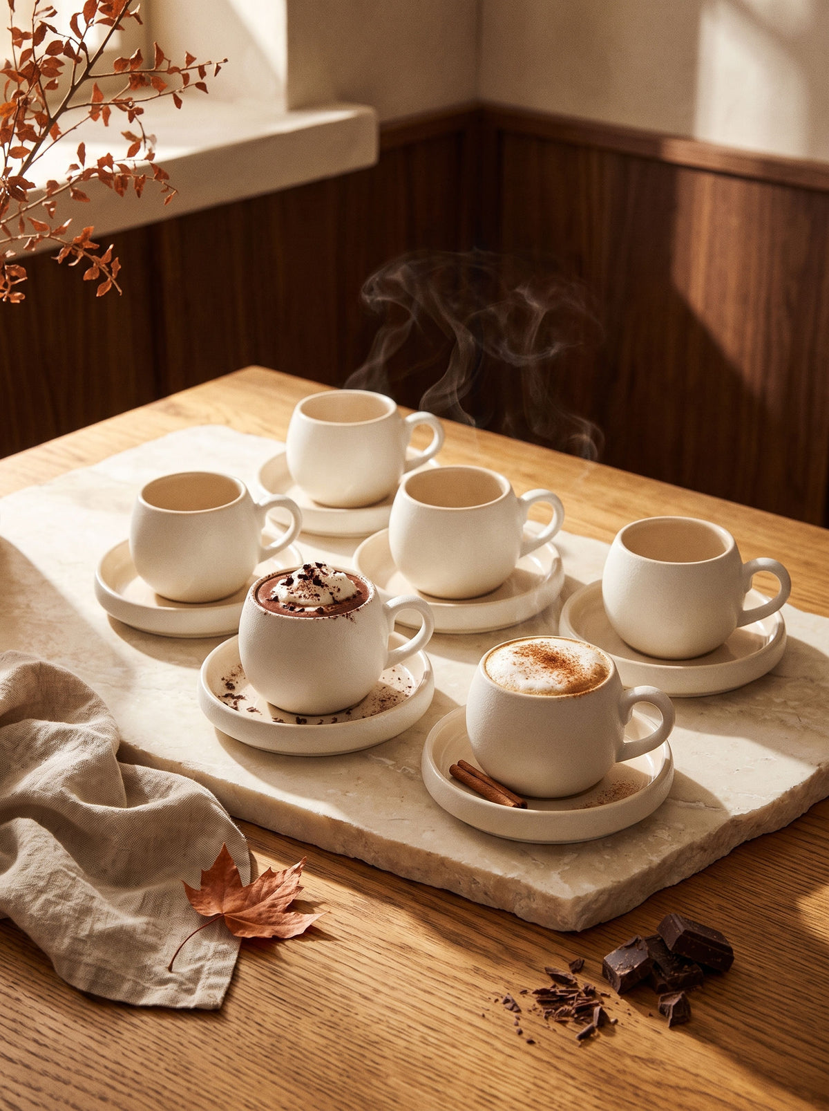 Service à café Chubby Nordic, Tasses 120 ml, ambiance d'automne, lumière chaude – Maison Azuria
