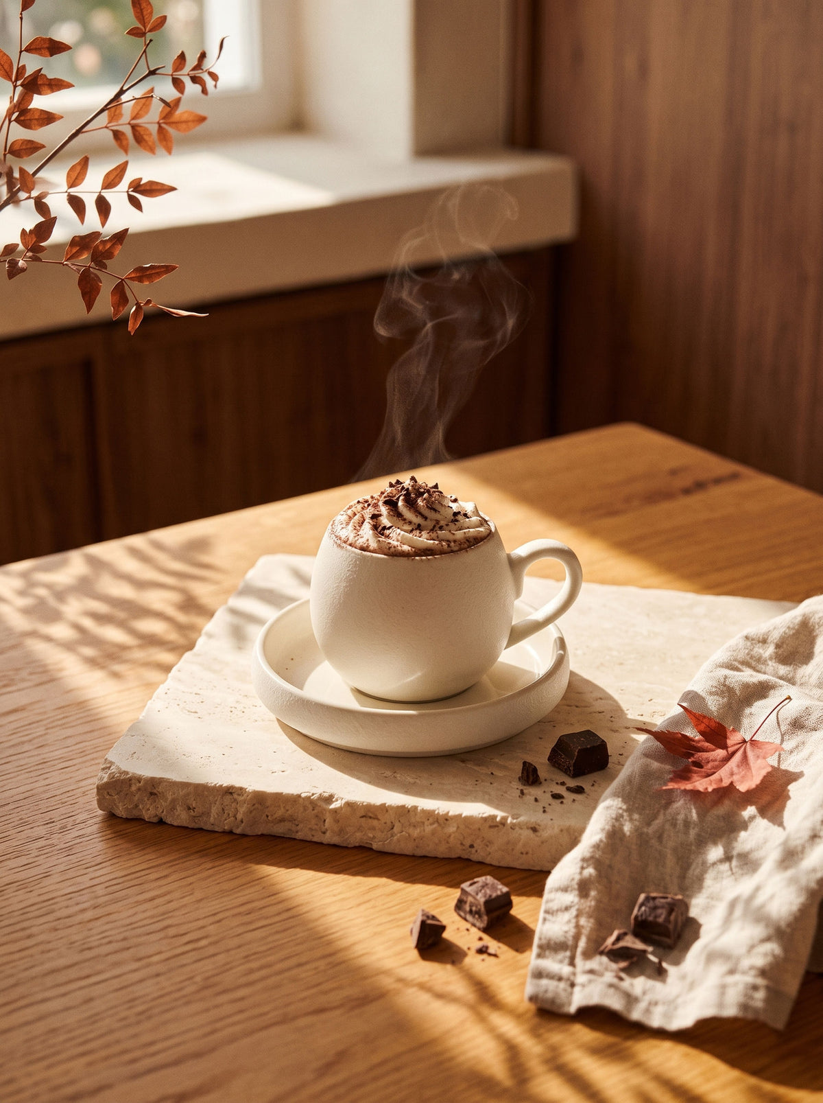 Service à café Chubby Nordic, Tasses 120 ml, sur une table d'automne dressée – Maison Azuria [AH]