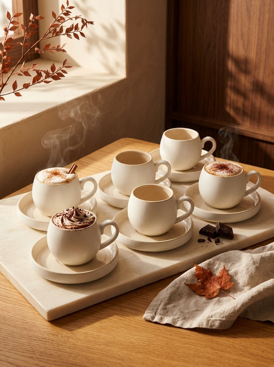 Service à café Chubby Nordic, Tasses 200 ml, sur une table d'automne dressée – Maison Azuria [AH]