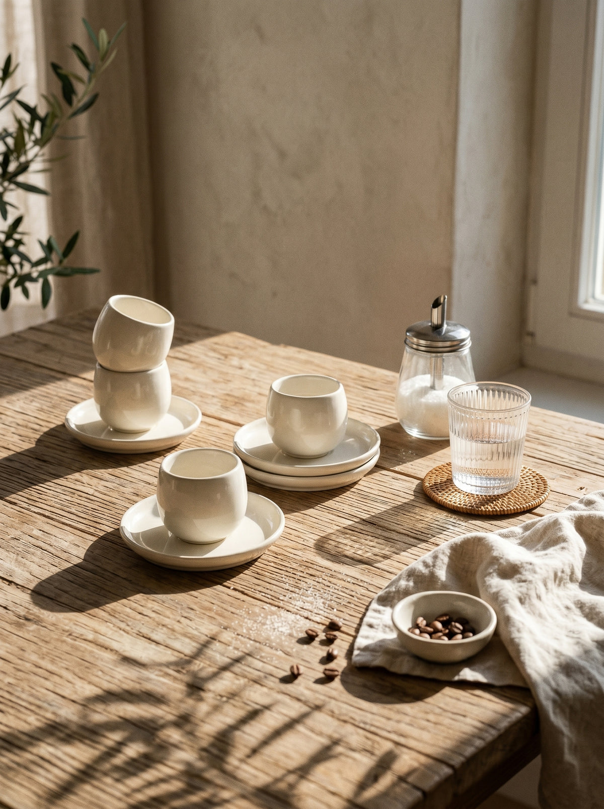 Service à café Egg, Tasses 120 ml, mise en scène sur une table dressée – Maison Azuria
